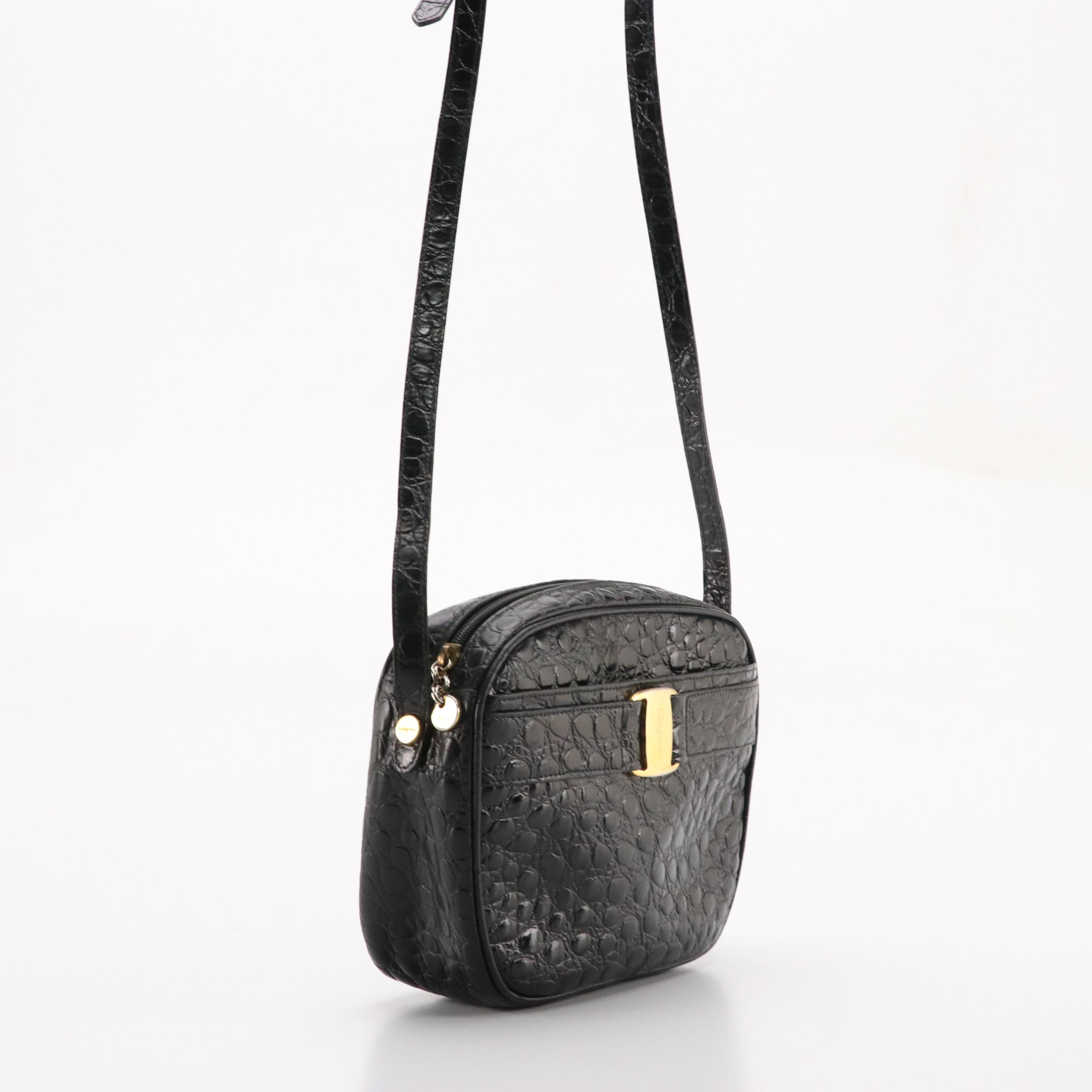 Salvatore Ferragamo Black Croc-Embossed Leather Vara Crossbody Bag