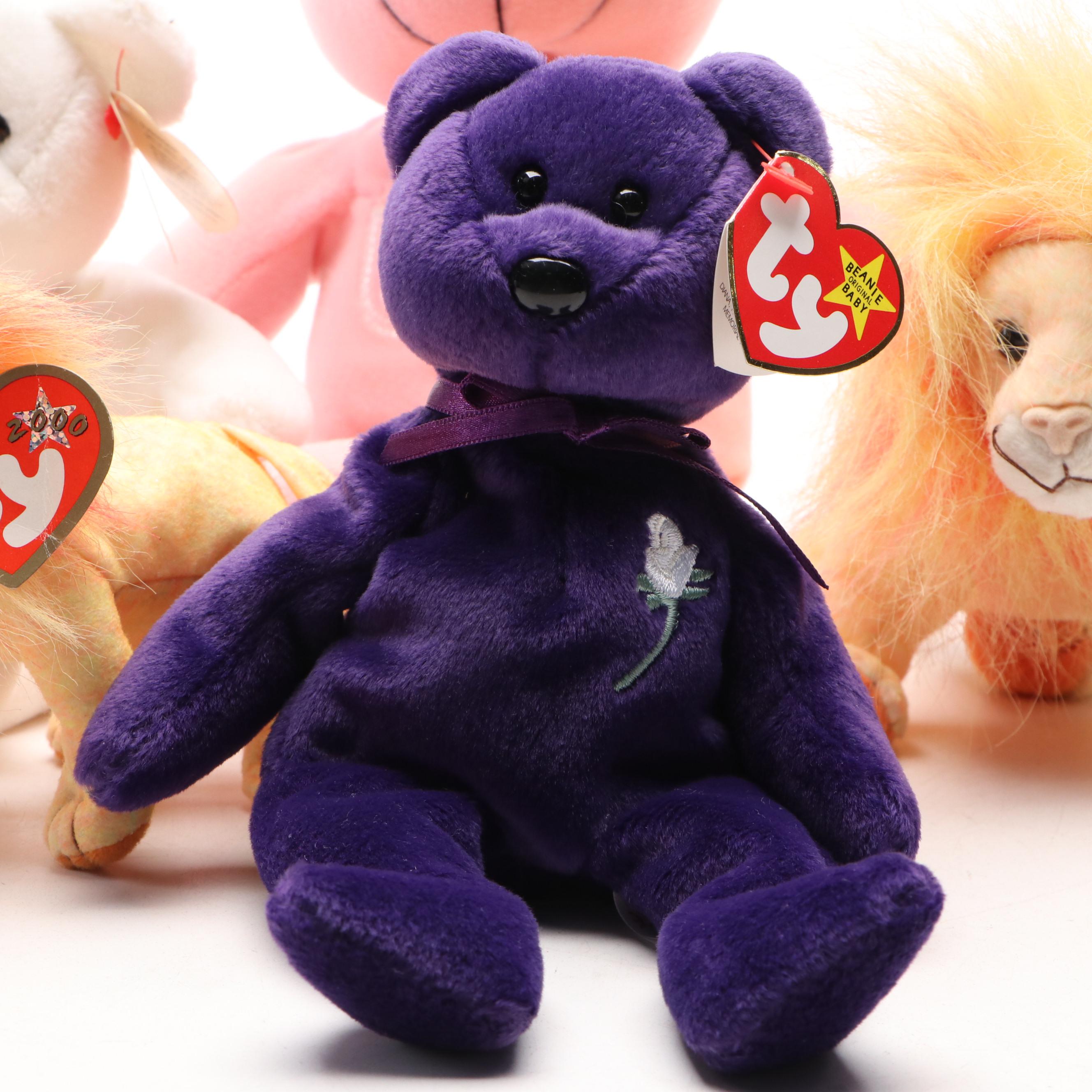 Ty "Princess," "Valentino," and "Bushy" Beanie Babies with Other Plush Bear