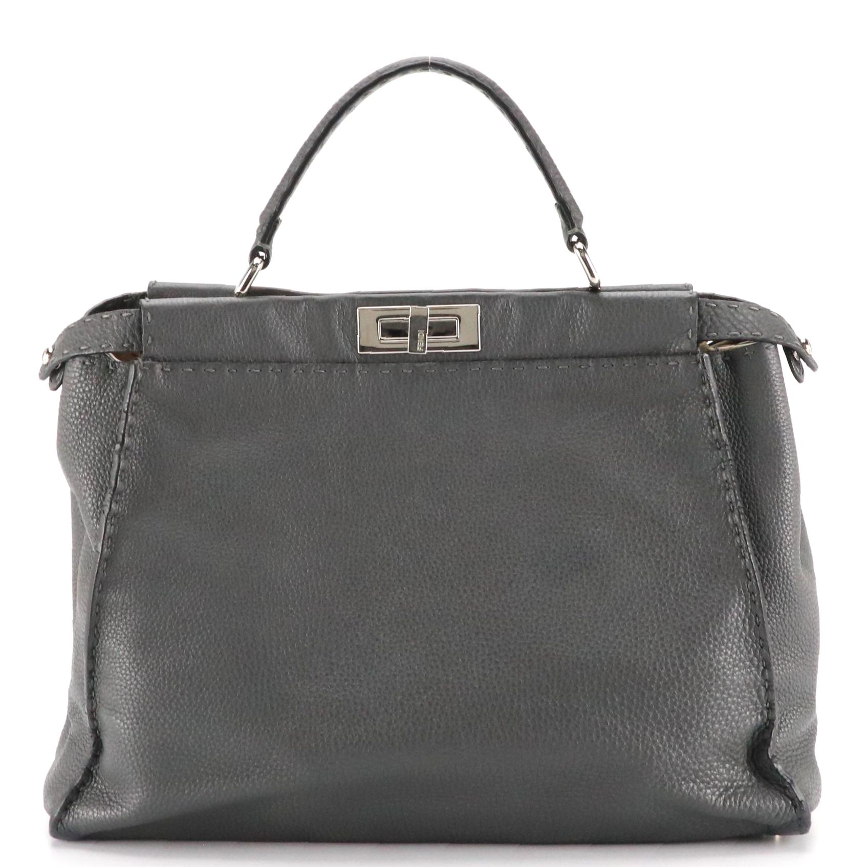 Fendi Large Peekaboo Top Handle Bag in Dark Grey Grained Calfskin Leather