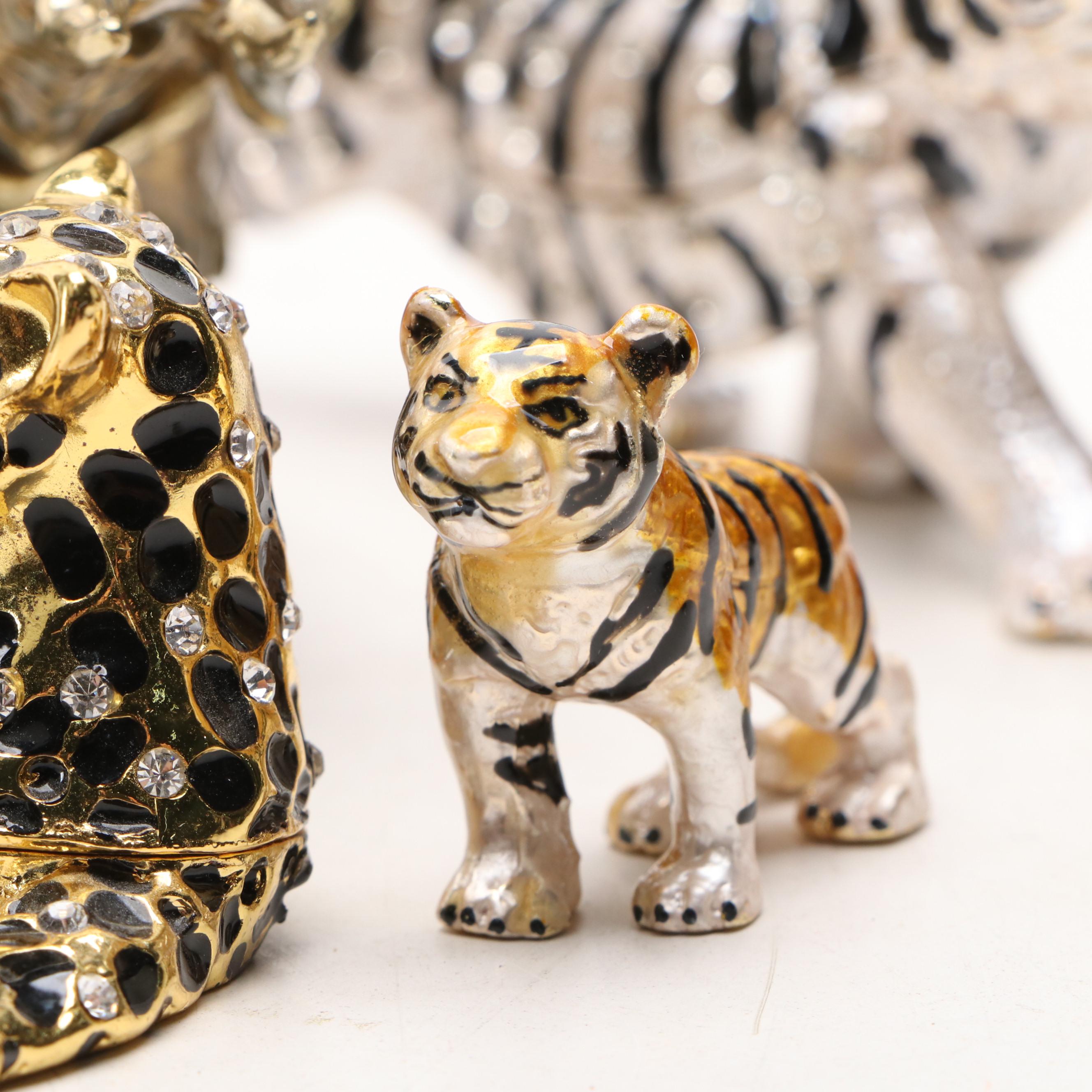 Enamel Tiger, Elephant, and Leopard Decorative Boxes