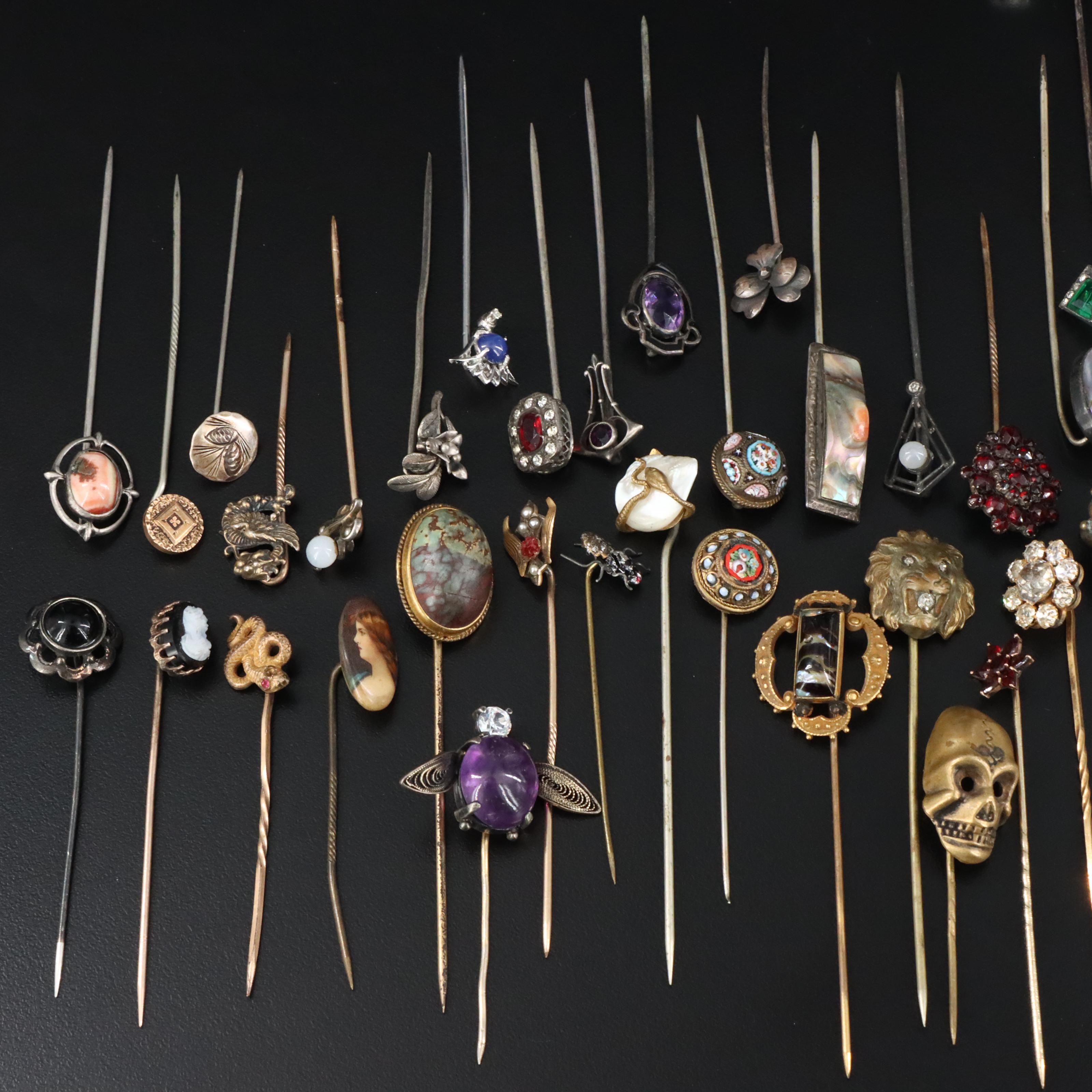Stick Pin Collection Featuring 14K, 10K, Diamonds, Abalone and Coral