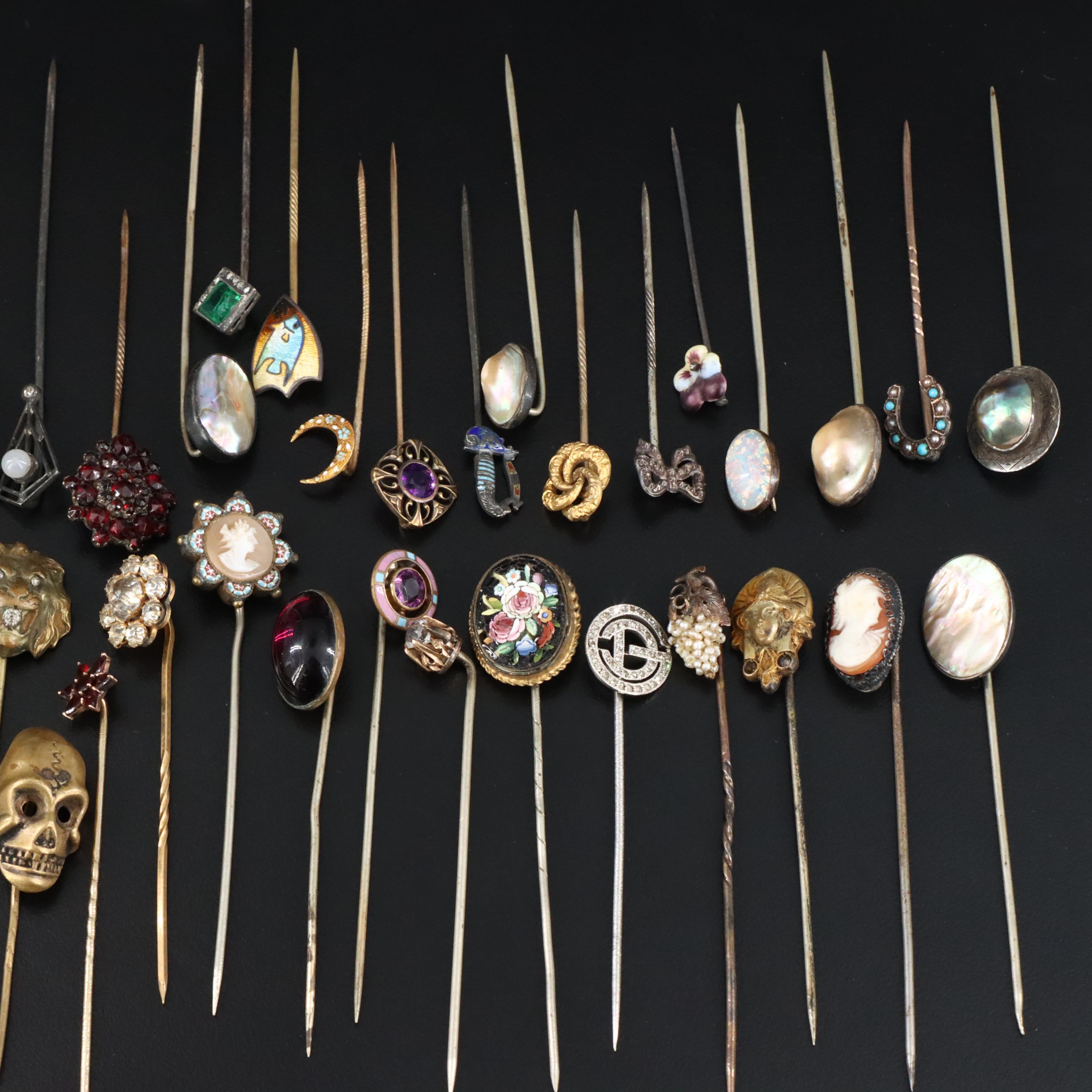 Stick Pin Collection Featuring 14K, 10K, Diamonds, Abalone and Coral