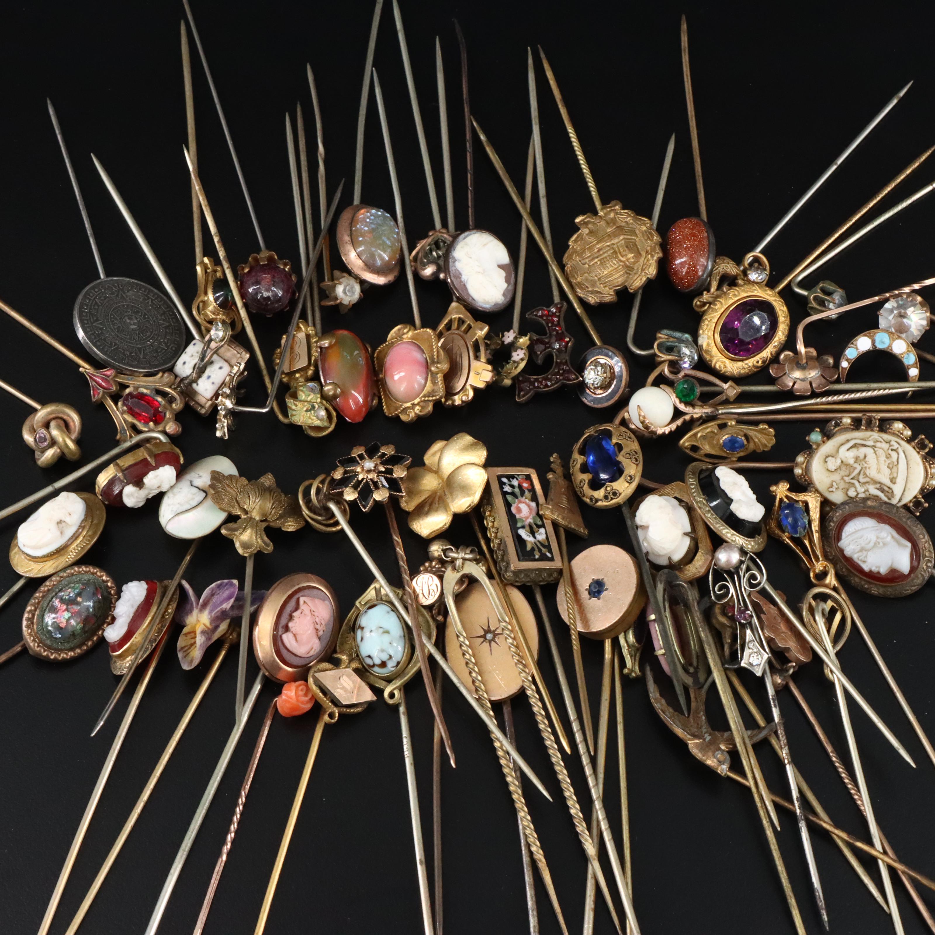 Stick Pin Collection Featuring 14K, 10K, Diamonds, Abalone and Coral