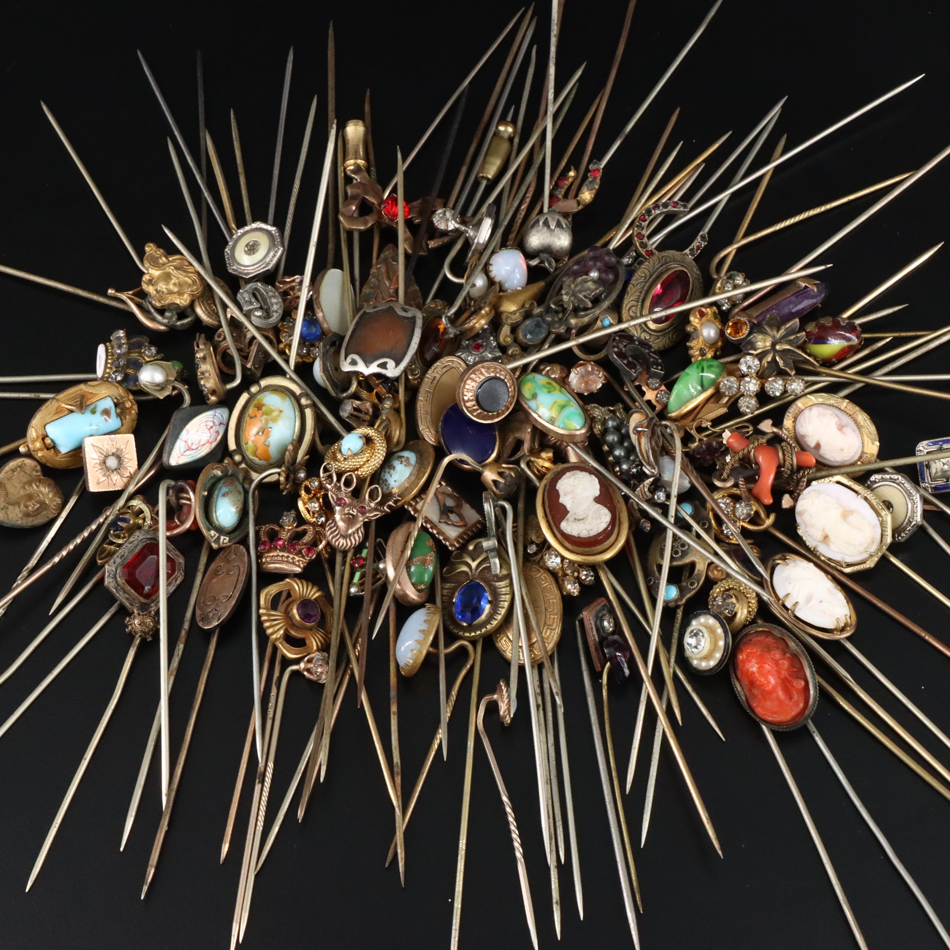 Stick Pin Collection Featuring 14K, 10K, Diamonds, Abalone and Coral