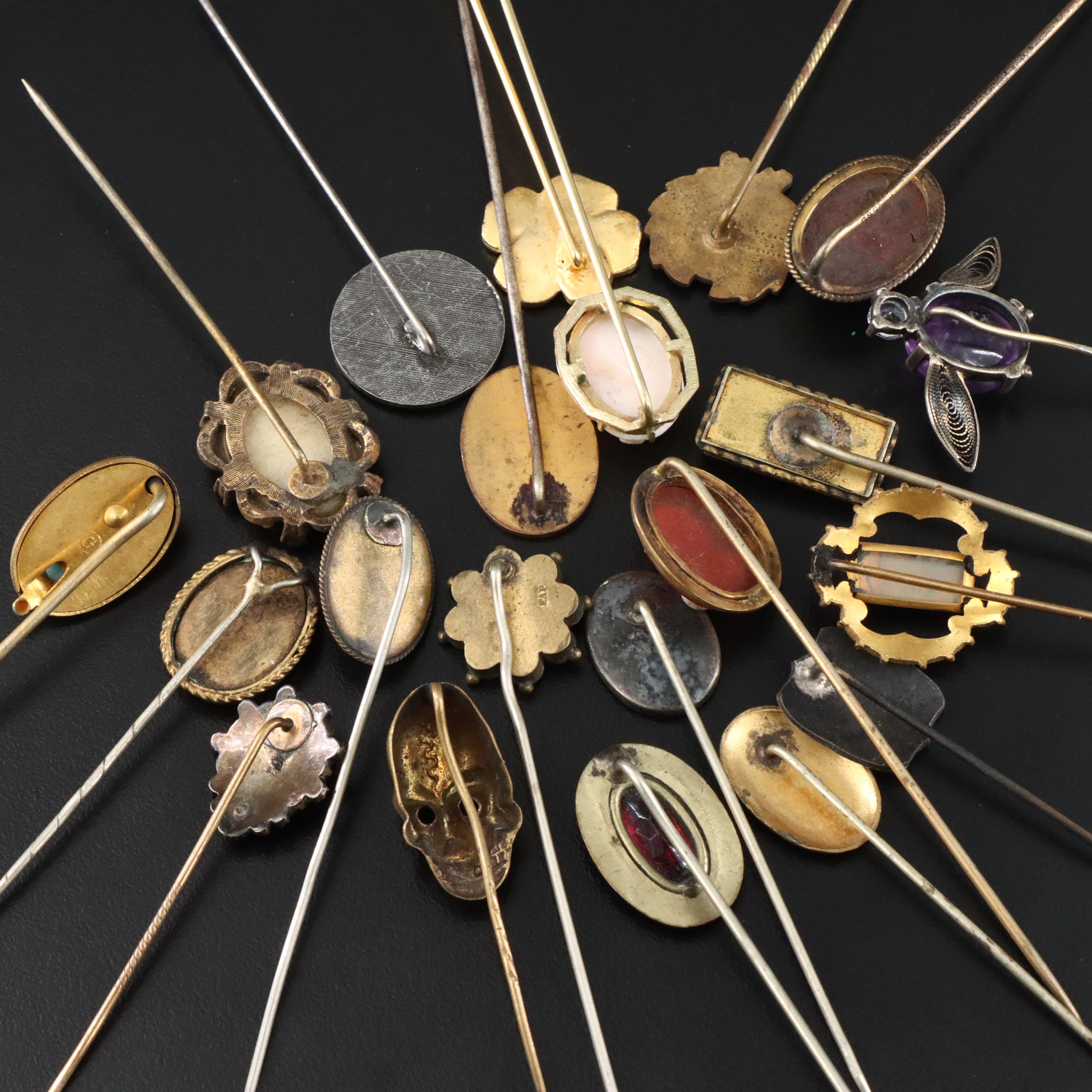 Stick Pin Collection Featuring 14K, 10K, Diamonds, Abalone and Coral