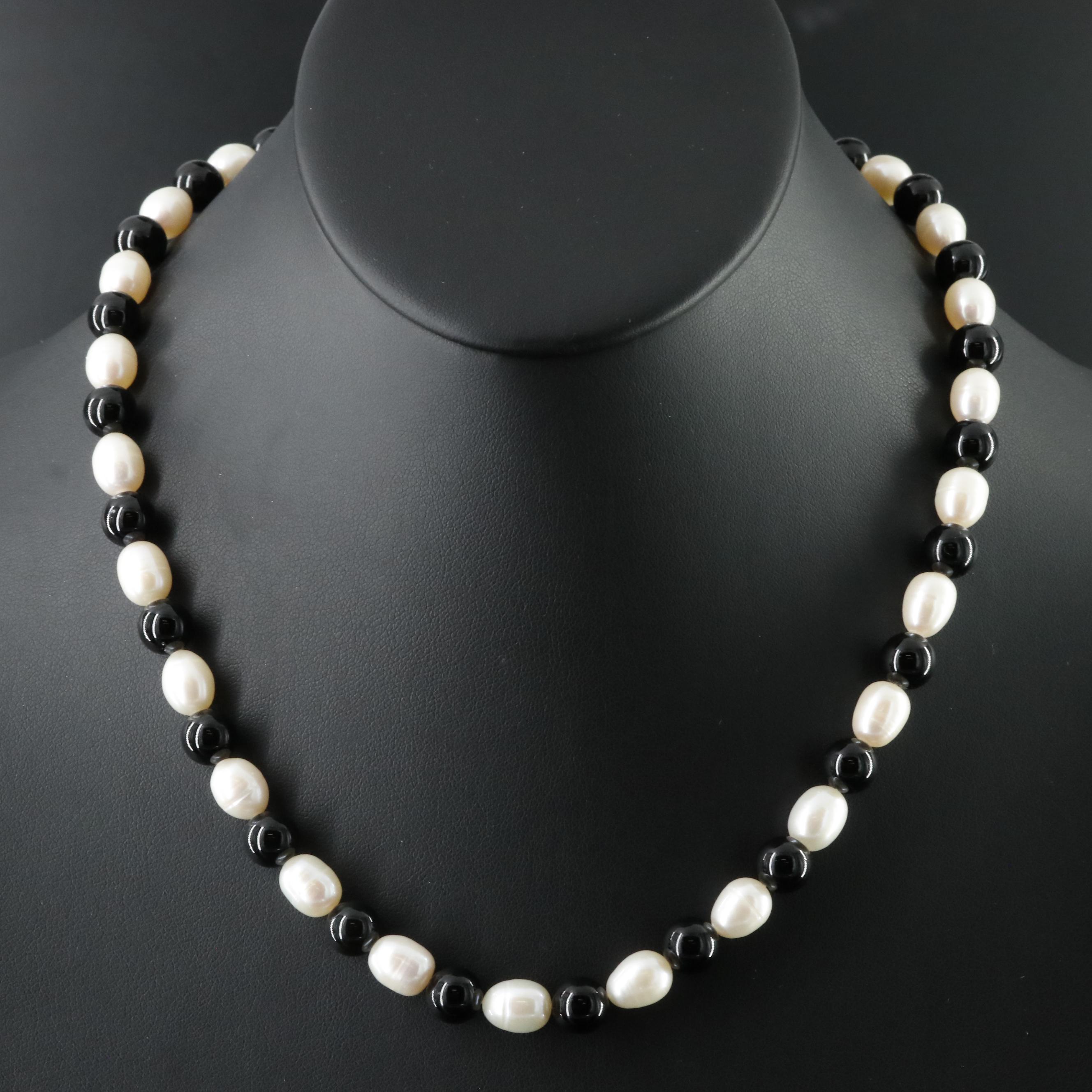 Pearl and Black Onyx Necklace with 10K Clasp