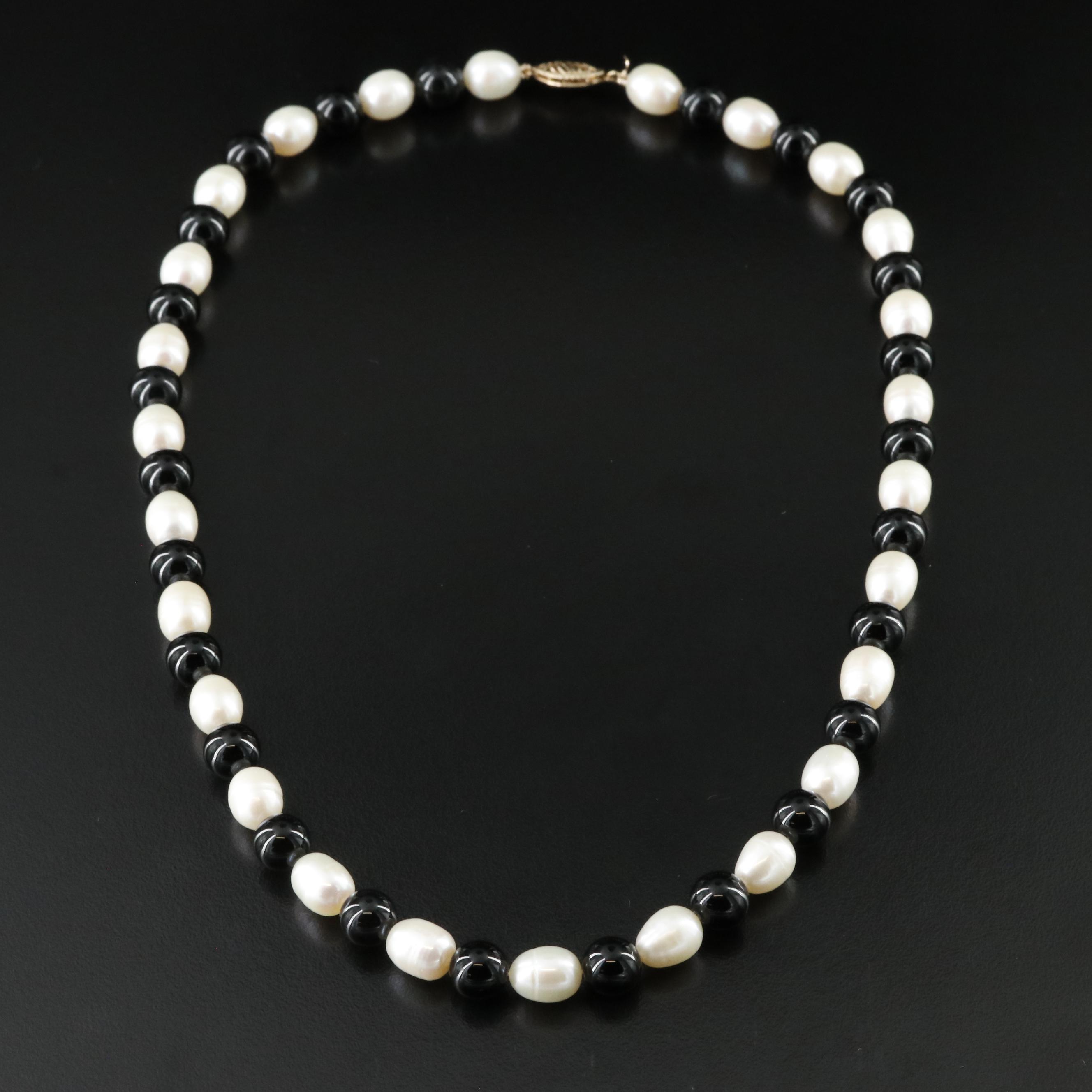 Pearl and Black Onyx Necklace with 10K Clasp