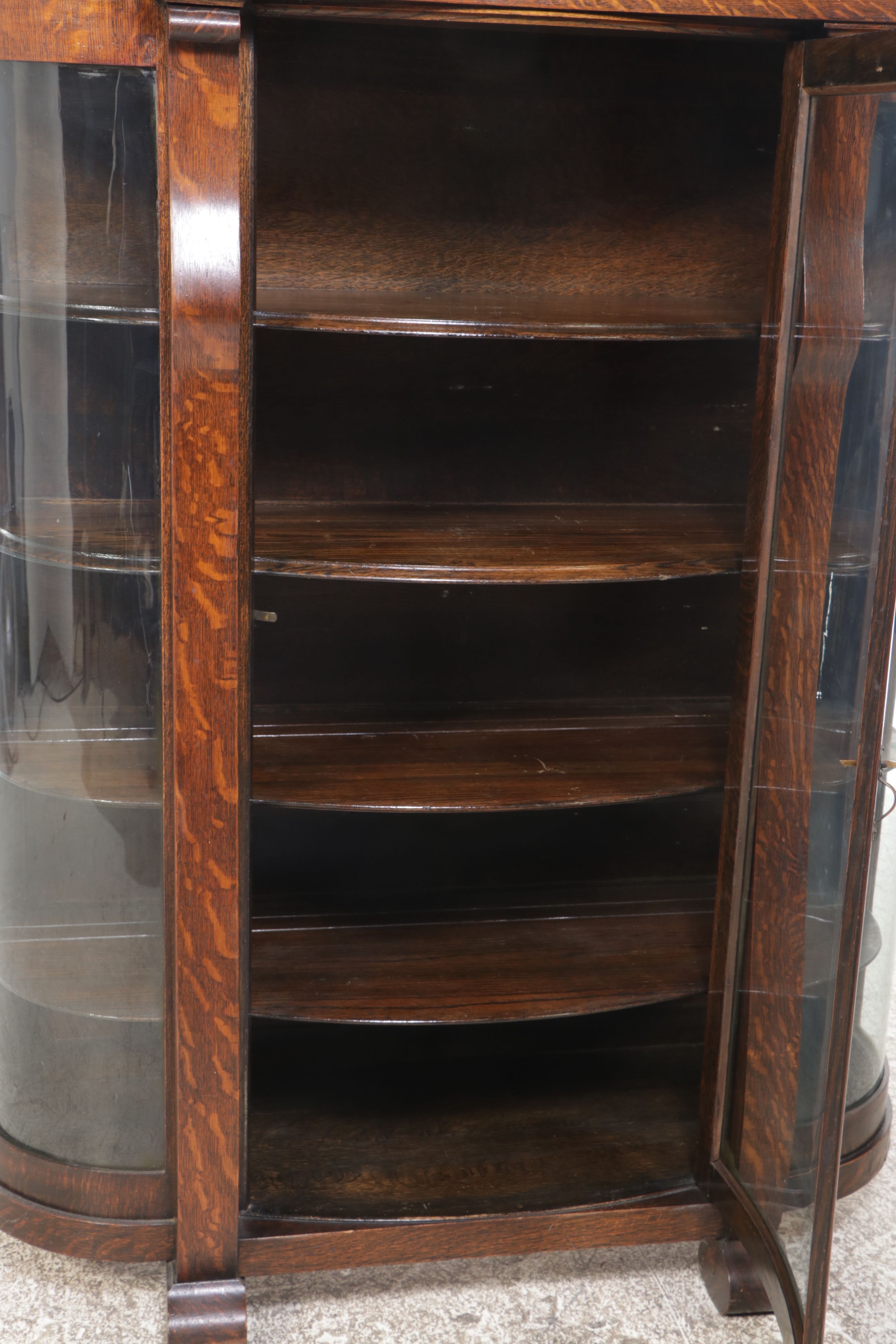 American Empire Style Oak and Curled Glass China Cabinet, Early 20th Century