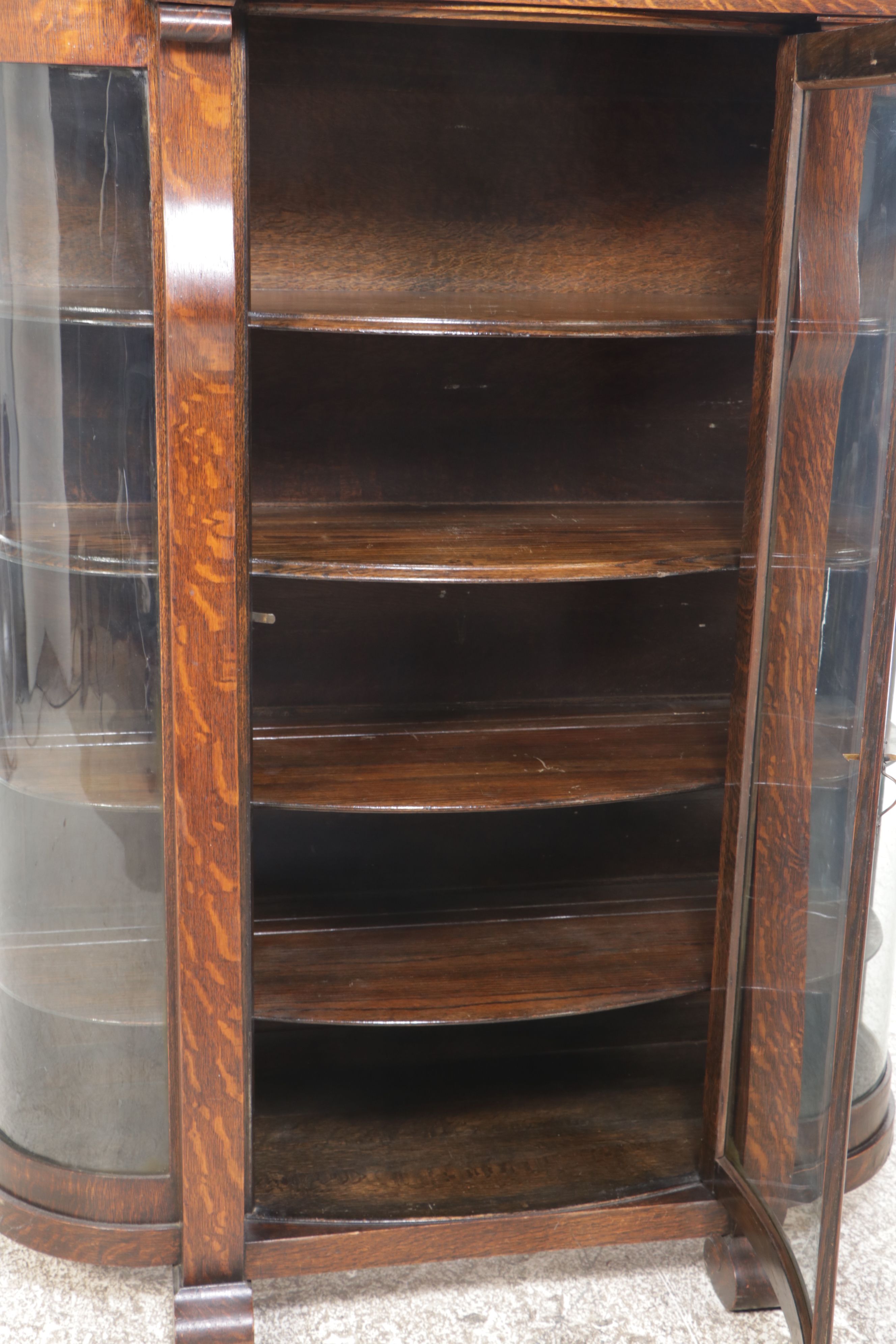 American Empire Style Oak and Curled Glass China Cabinet, Early 20th Century