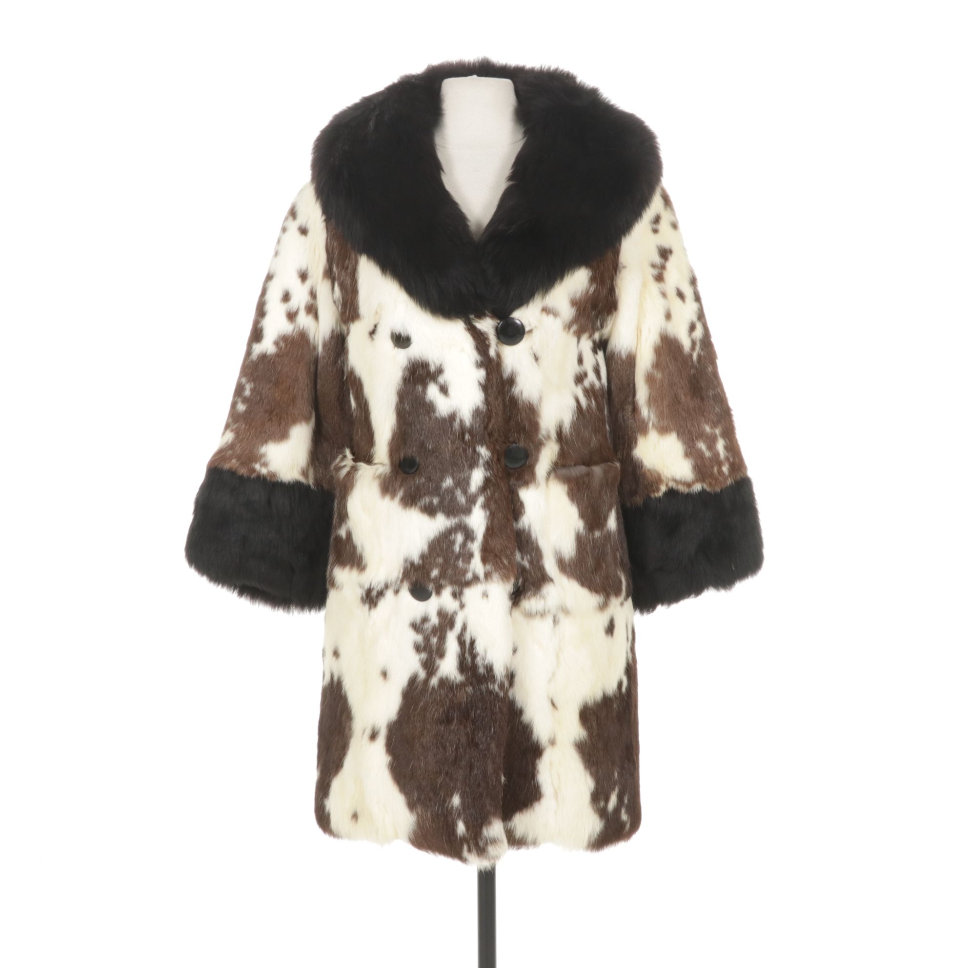 Rabbit Fur Double-Breasted Coat with Black Fox Fur Trim Collar and Cuffs