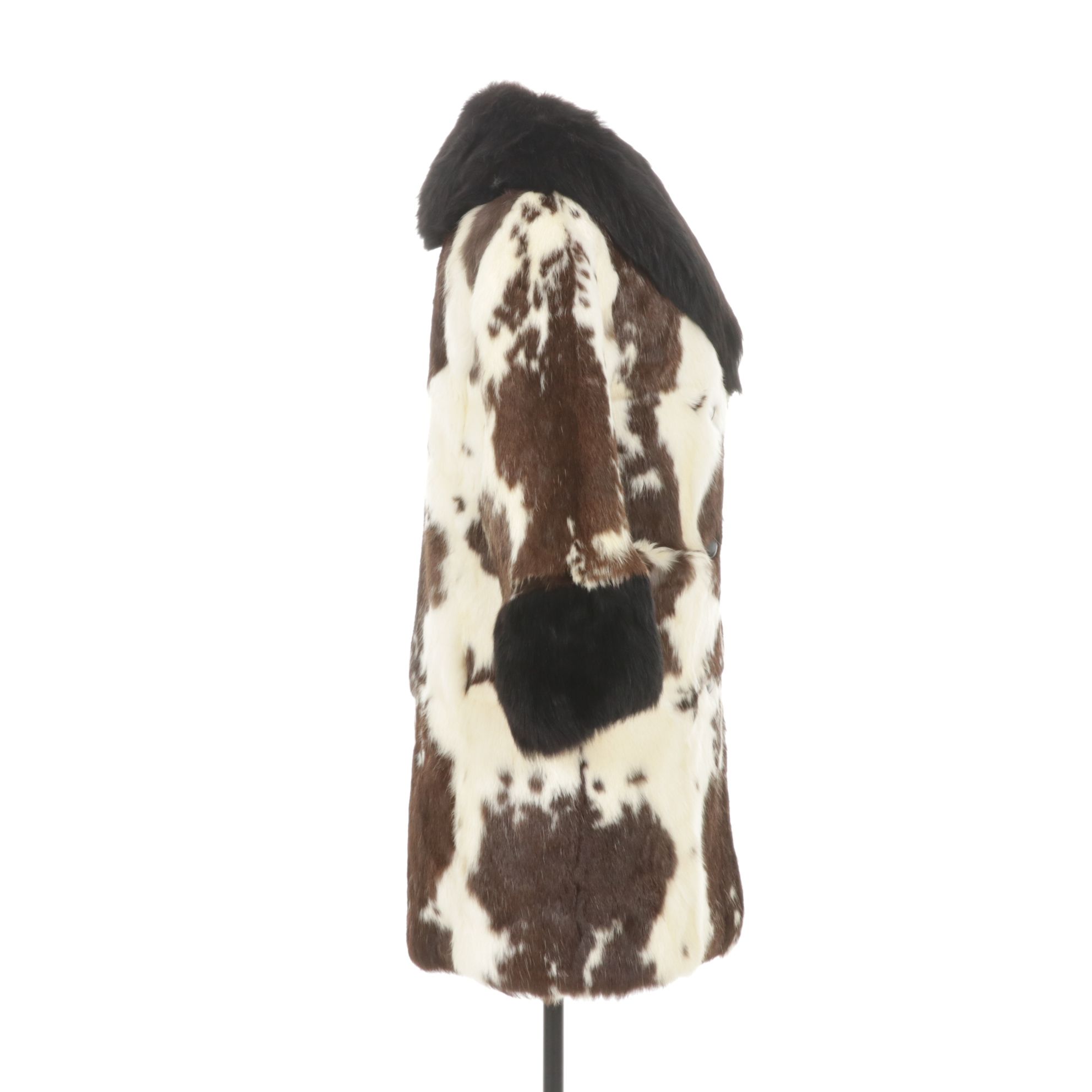 Rabbit Fur Double-Breasted Coat with Black Fox Fur Trim Collar and Cuffs