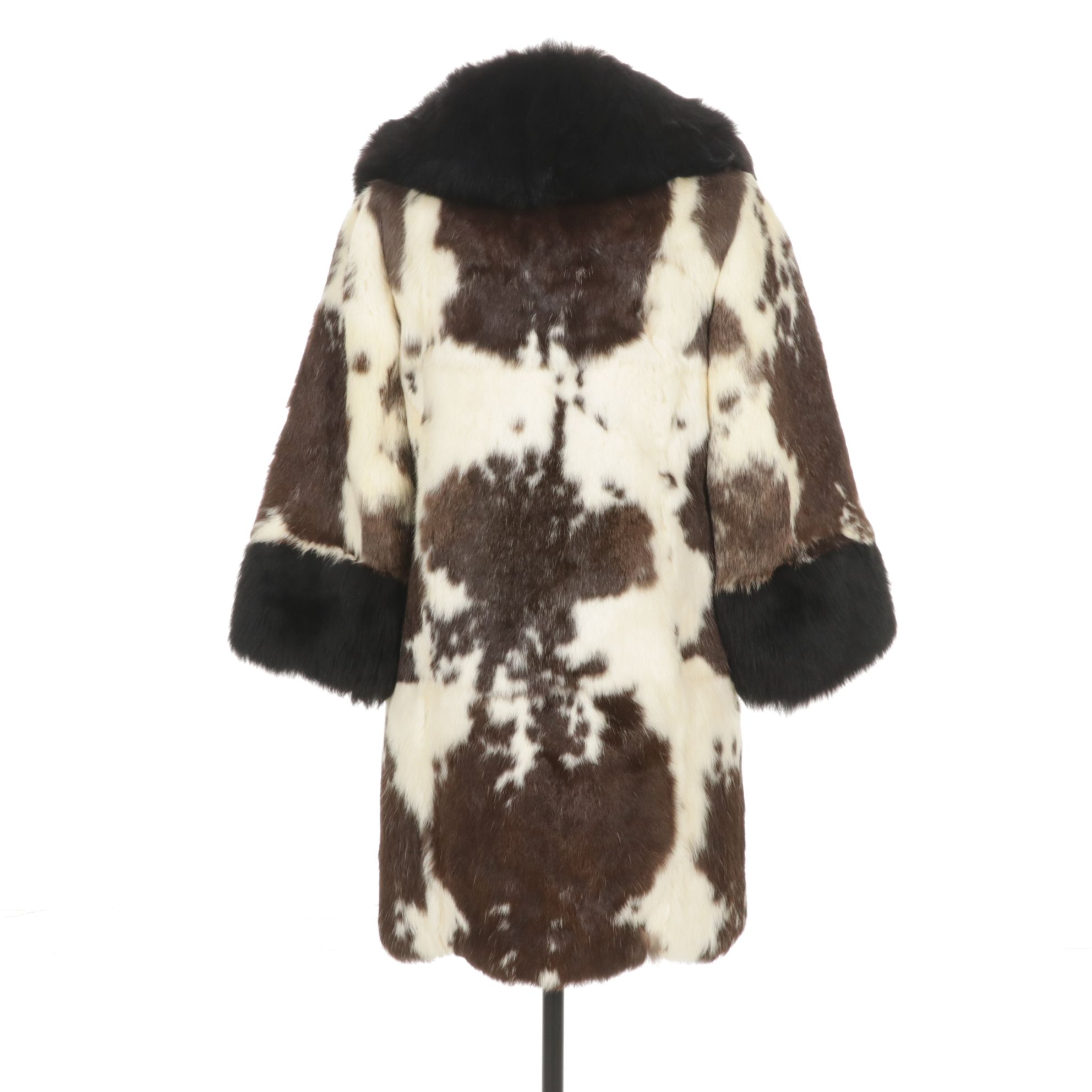 Rabbit Fur Double-Breasted Coat with Black Fox Fur Trim Collar and Cuffs