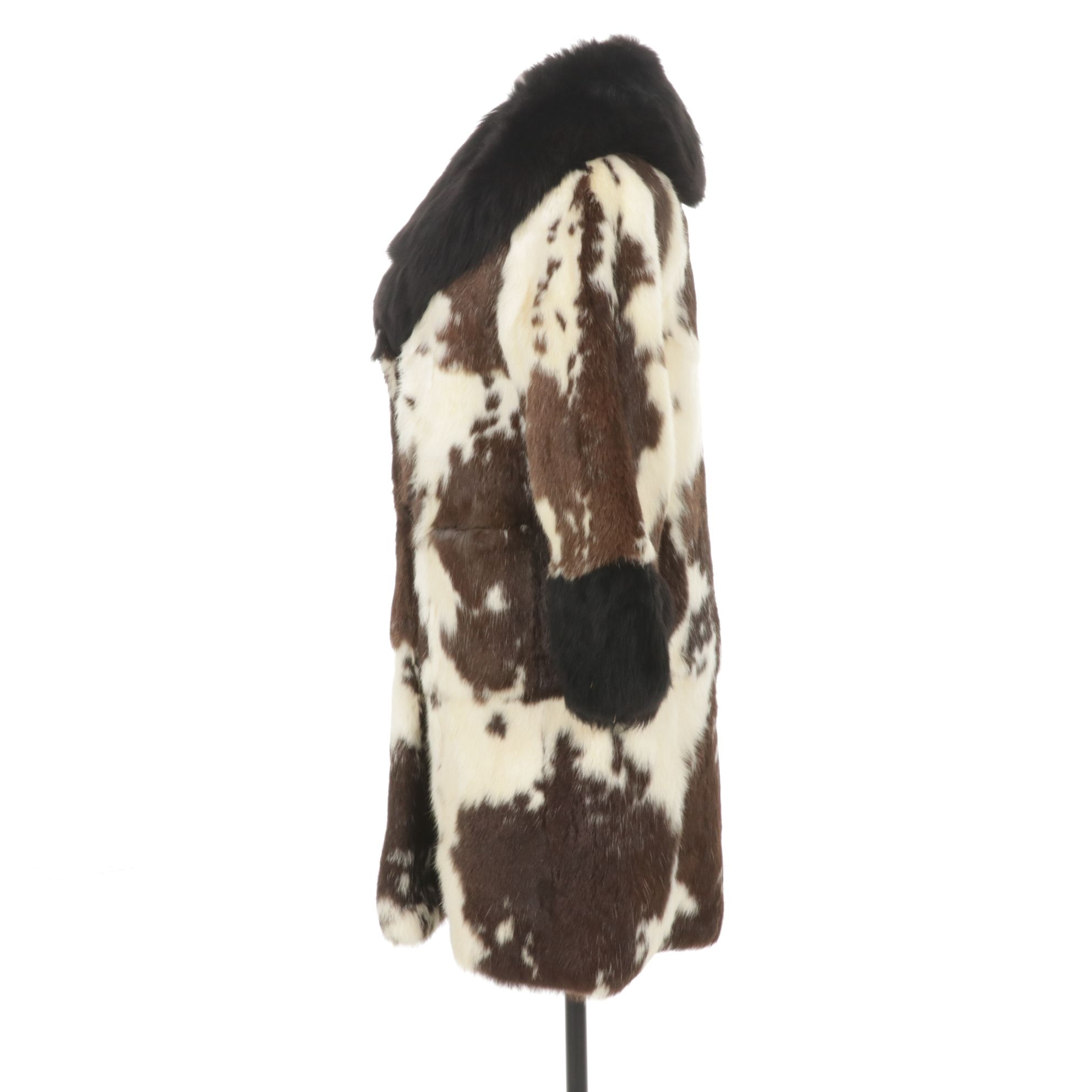 Rabbit Fur Double-Breasted Coat with Black Fox Fur Trim Collar and Cuffs