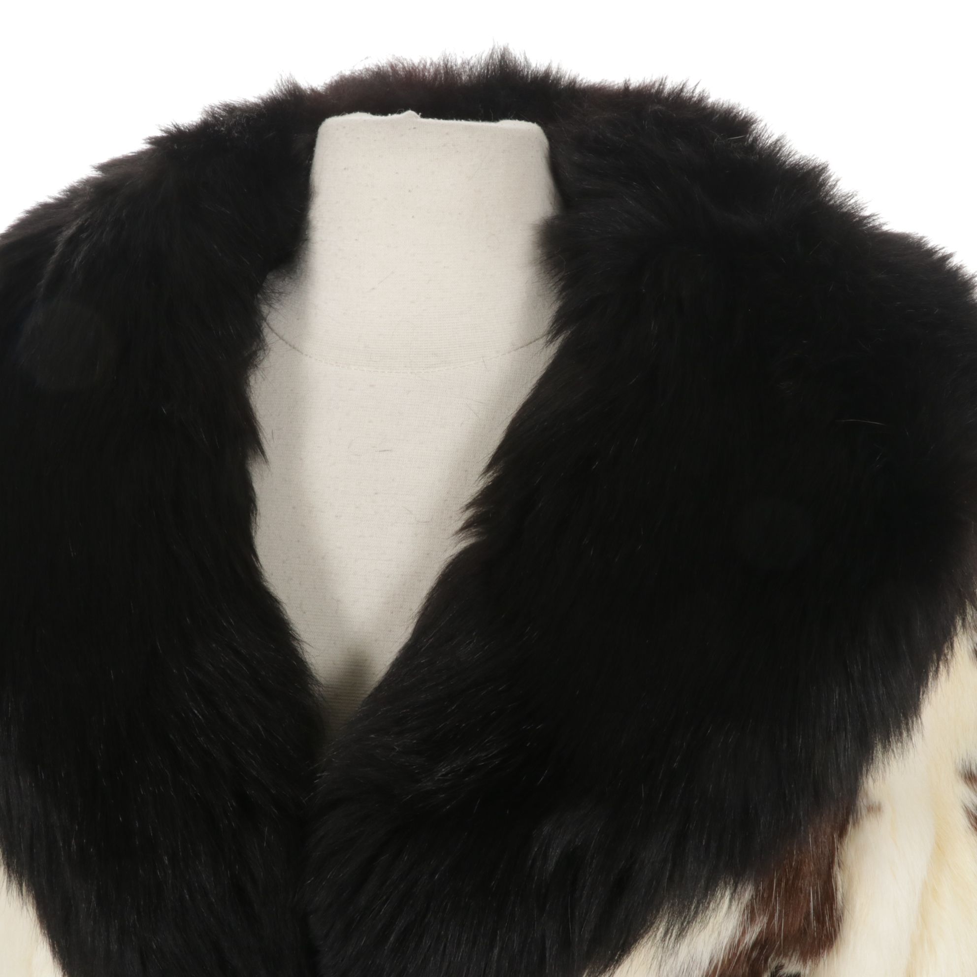 Rabbit Fur Double-Breasted Coat with Black Fox Fur Trim Collar and Cuffs