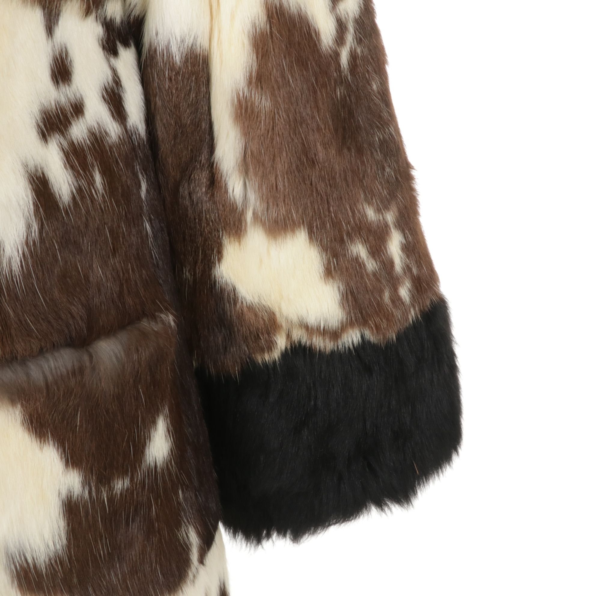 Rabbit Fur Double-Breasted Coat with Black Fox Fur Trim Collar and Cuffs