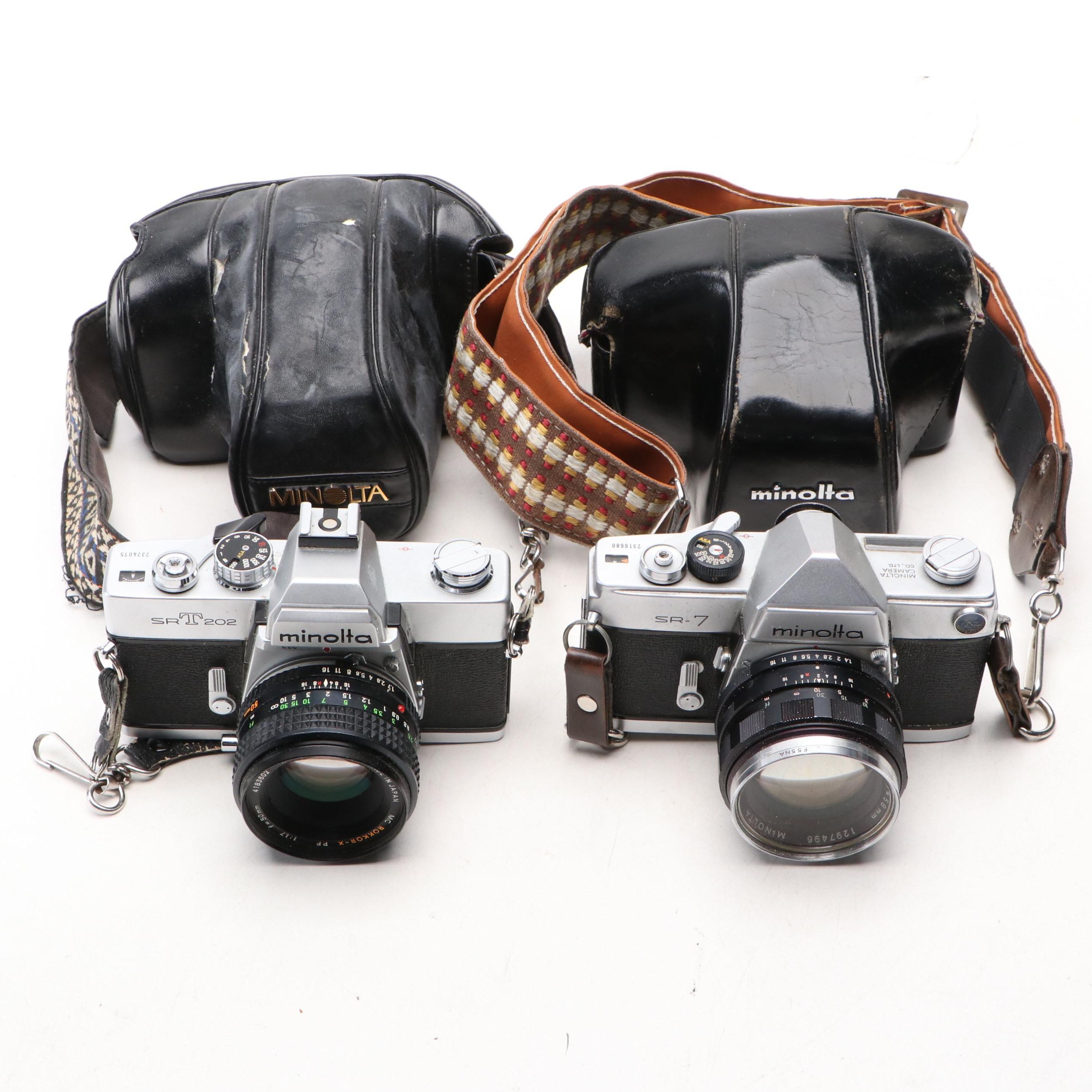 Minolta SRT-202 and SR-7 35mm SLR Cameras, Late 20th Century