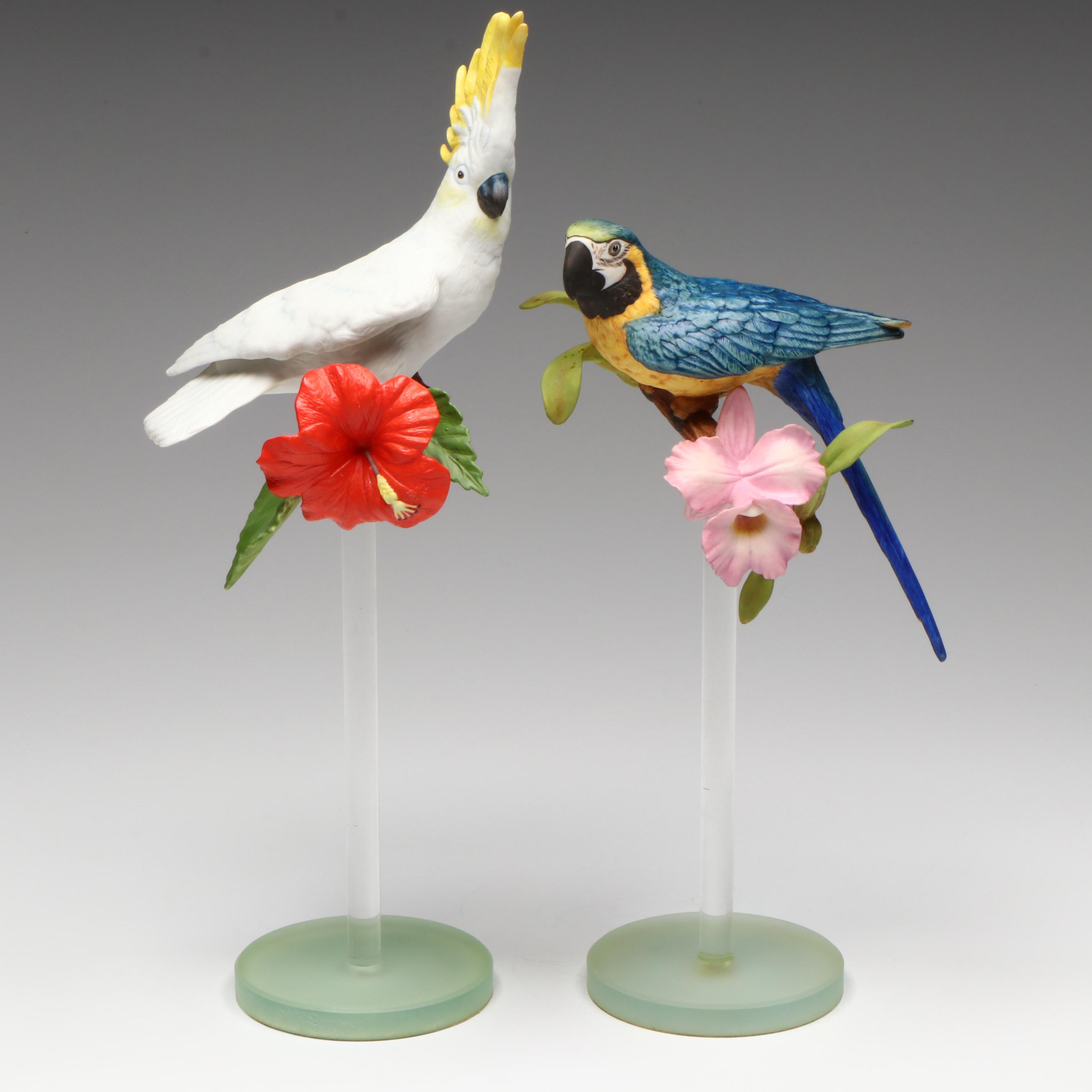 Franklin Mint Tropical Birds of Paradise Porcelain Figures on Glass Base