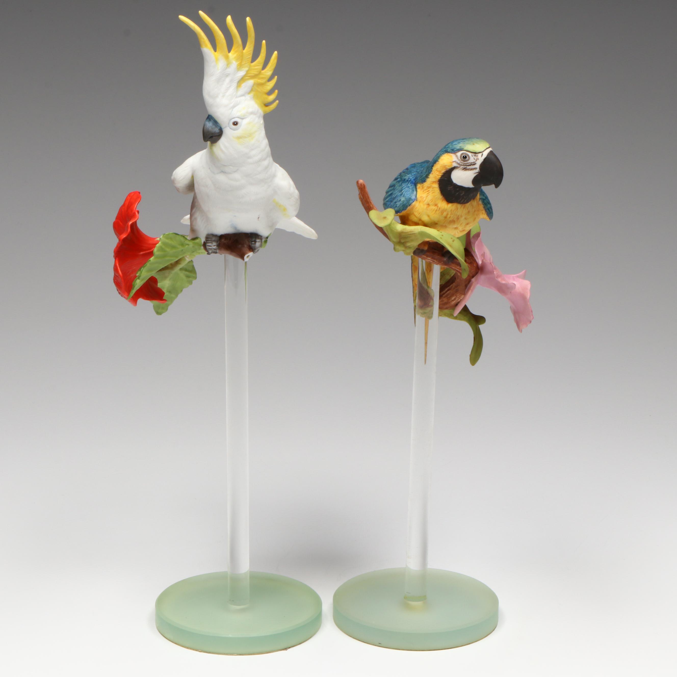 Franklin Mint Tropical Birds of Paradise Porcelain Figures on Glass Base