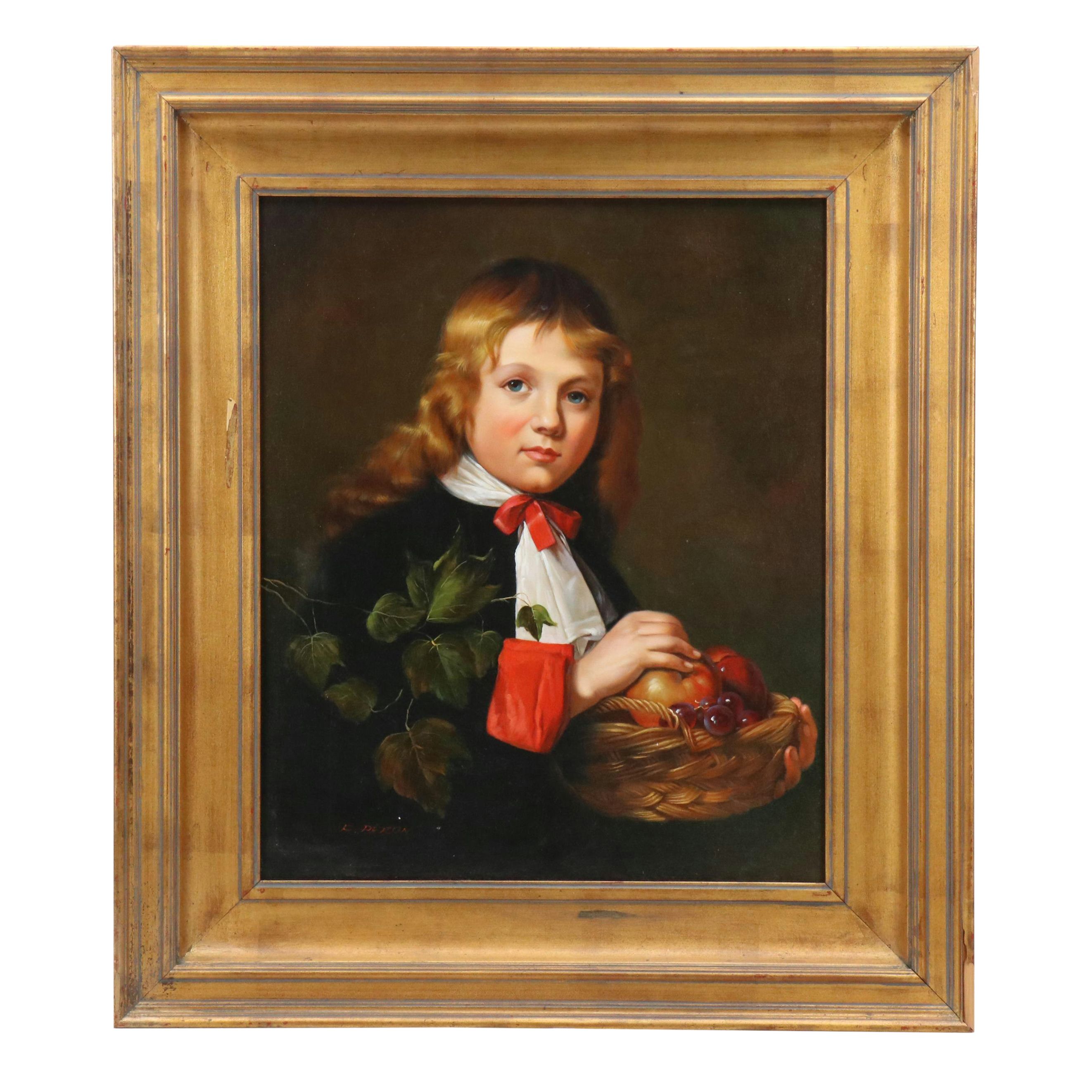 Oil Painting  After Jan de Bray "Portrait of a Boy Holding a Basket of Fruit"