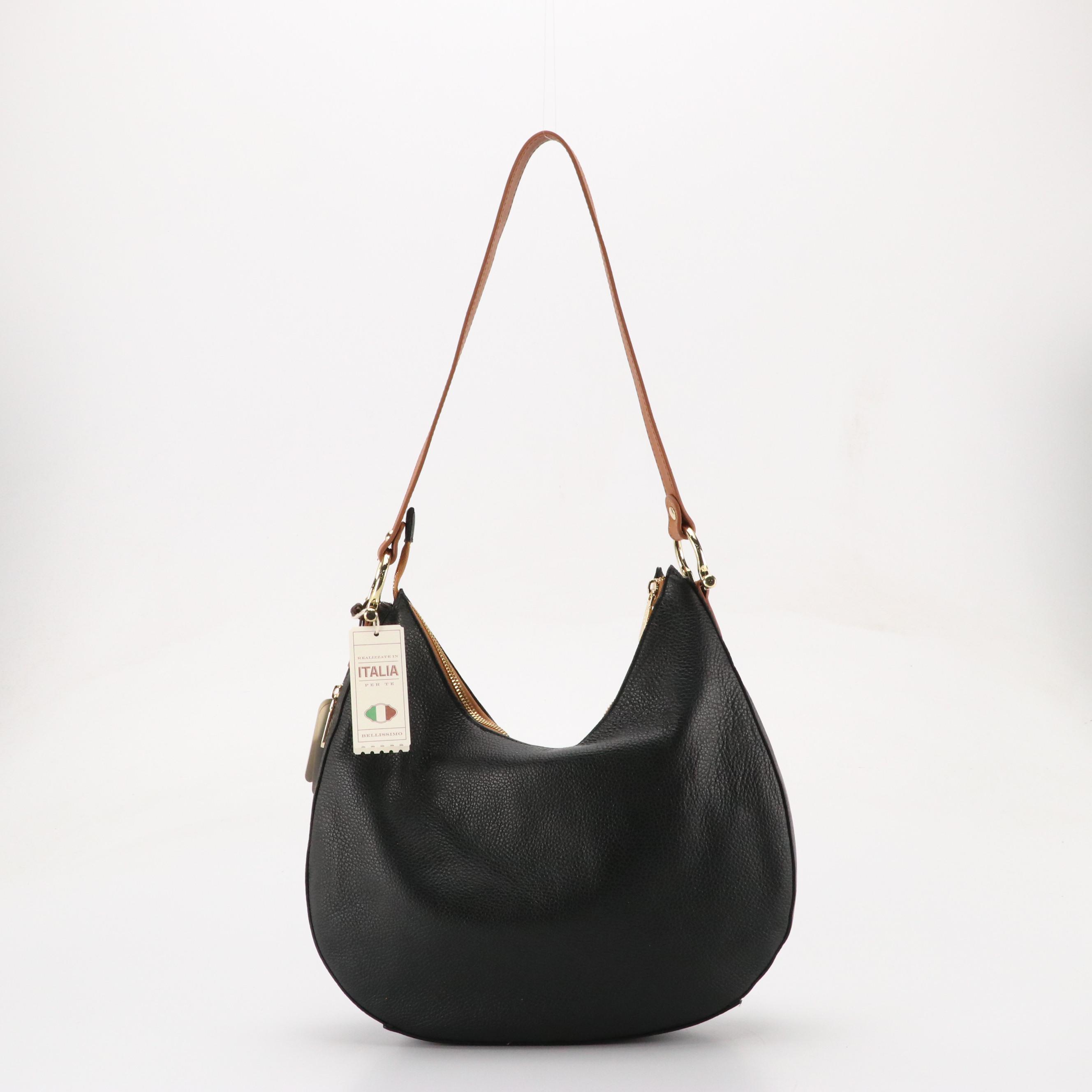 Valentina Zippered Hobo Shoulder Bag in Black & Brown Grained Leather, With Tags