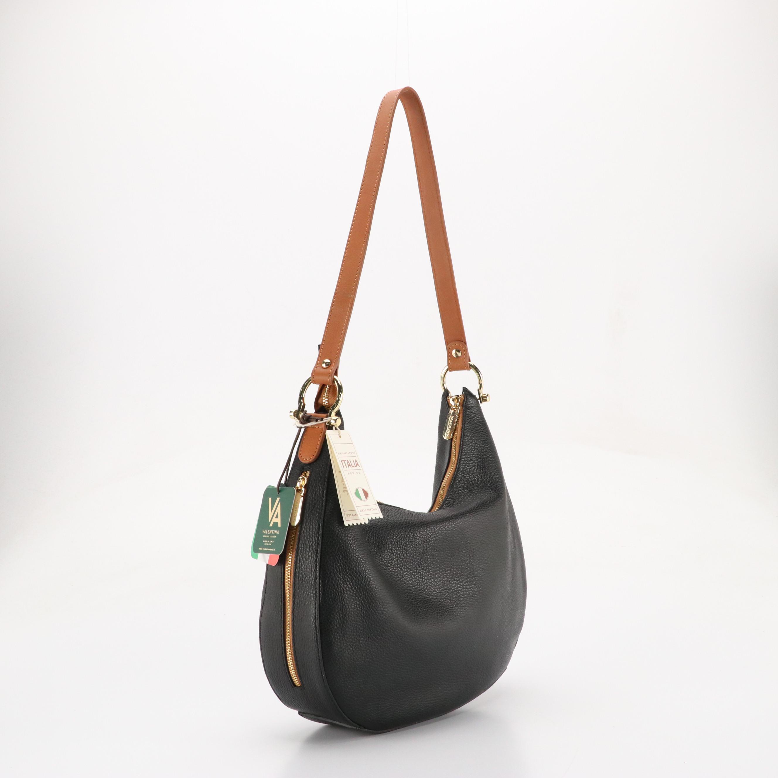 Valentina Zippered Hobo Shoulder Bag in Black & Brown Grained Leather, With Tags