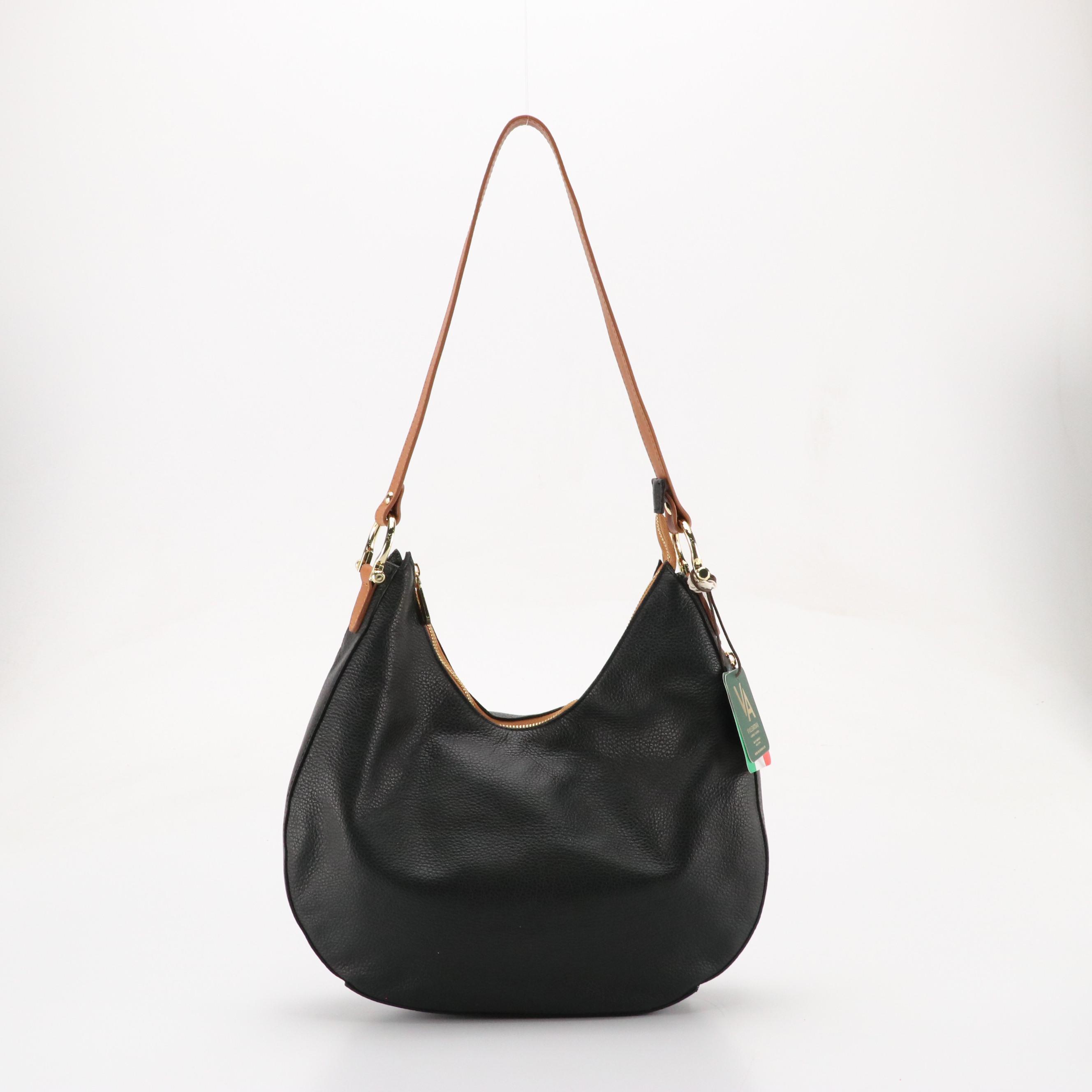 Valentina Zippered Hobo Shoulder Bag in Black & Brown Grained Leather, With Tags