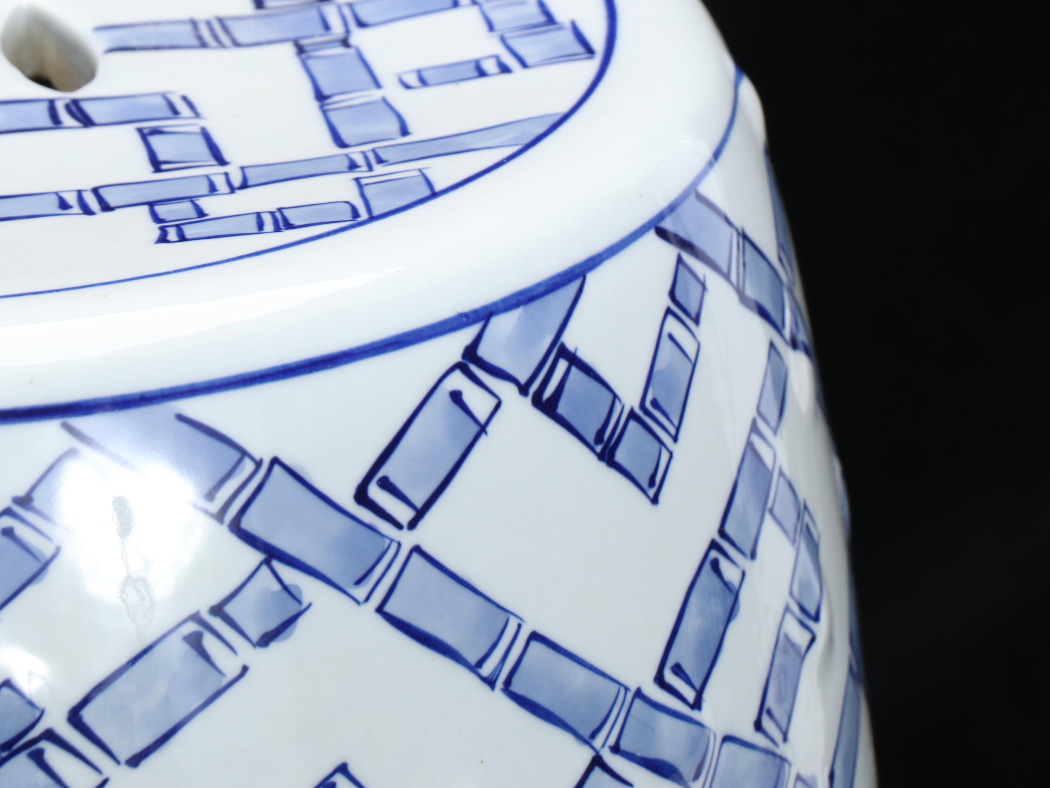 Chinese Hand-Painted Blue and White Ceramic Garden Seat