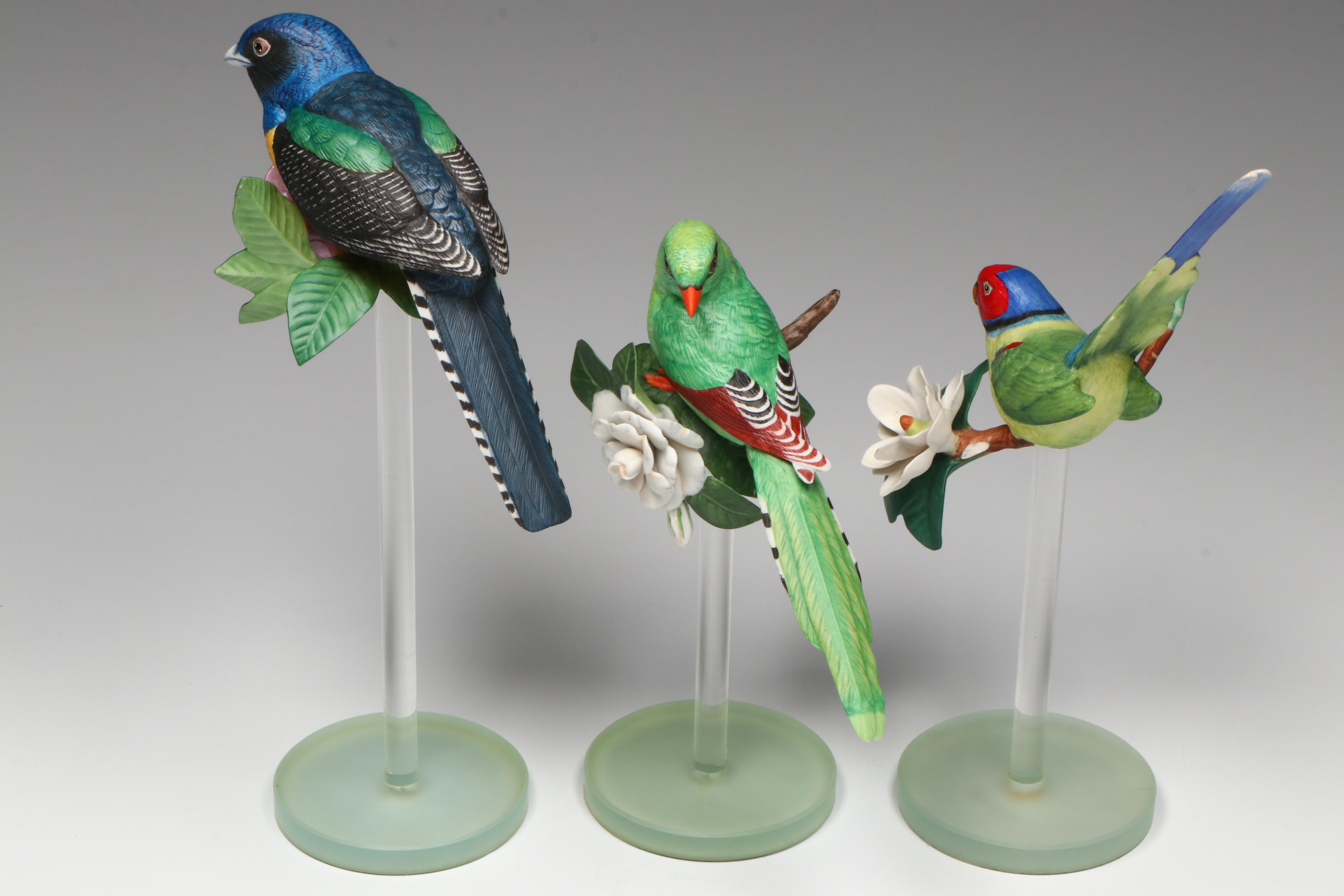 Franklin Mint Tropical Birds of Paradise Porcelain Figures on Glass Base