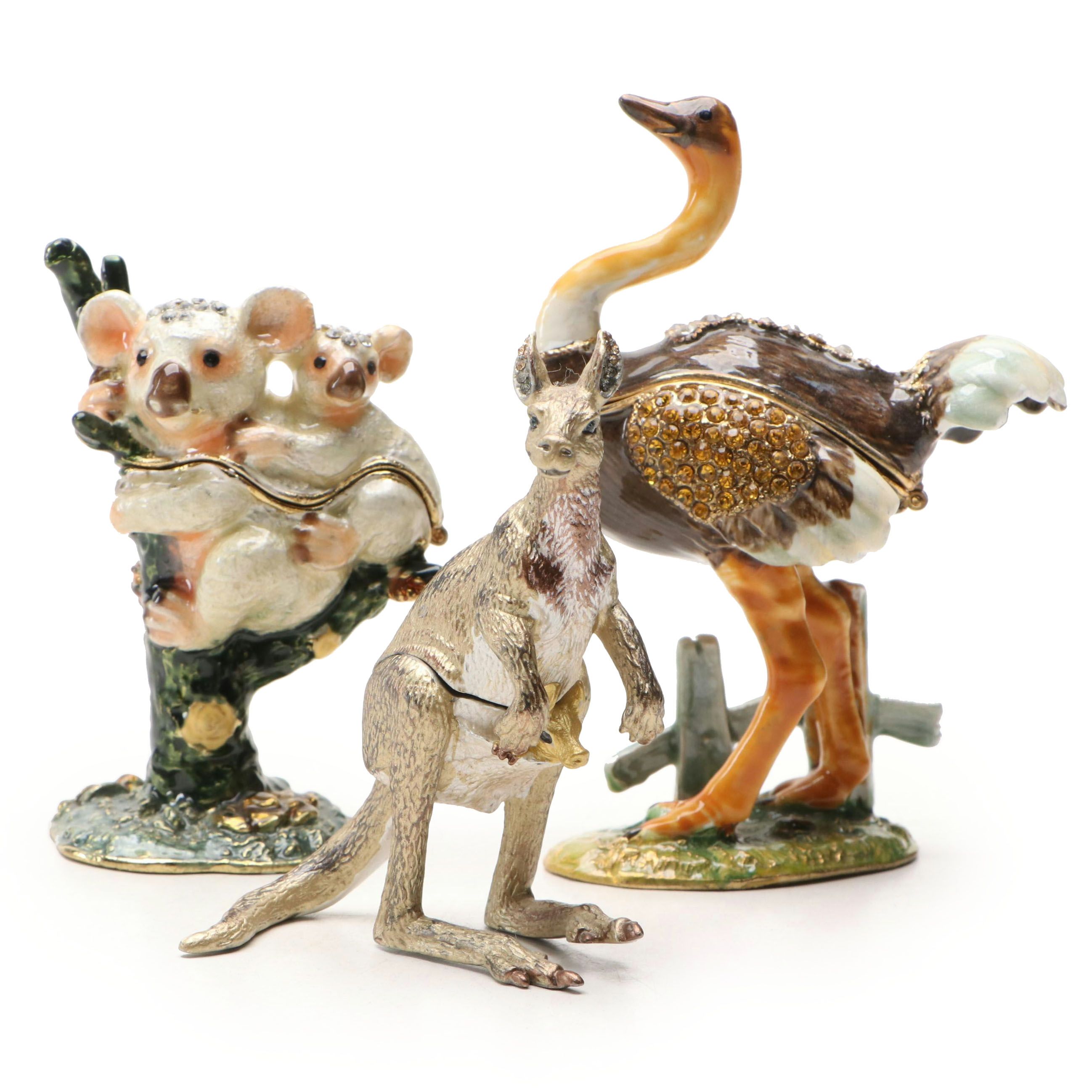 Enamel Koala, Ostrich, and Kangaroo Decorative Boxes