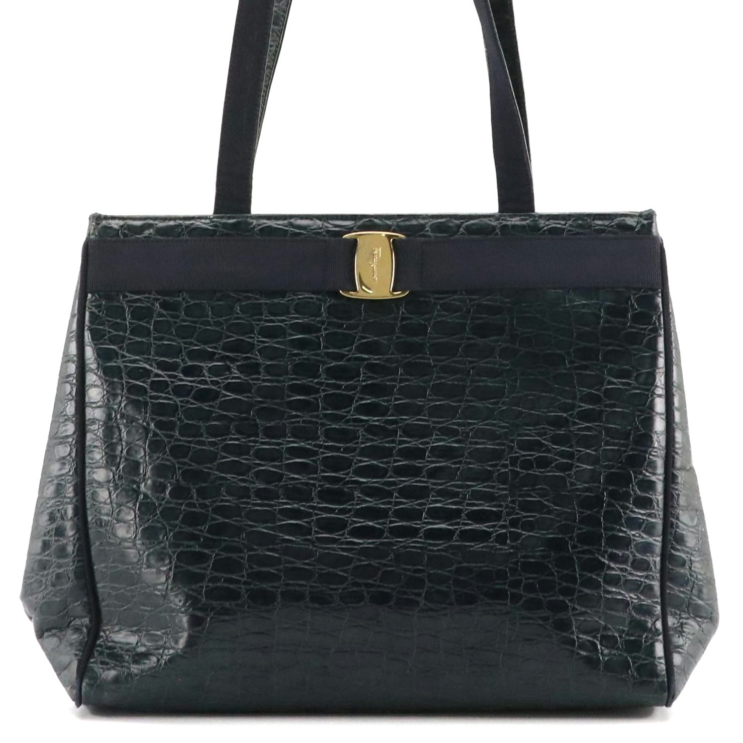 Salvatore Ferragamo Blue Croc-Embossed Leather Vara Shoulder Bag