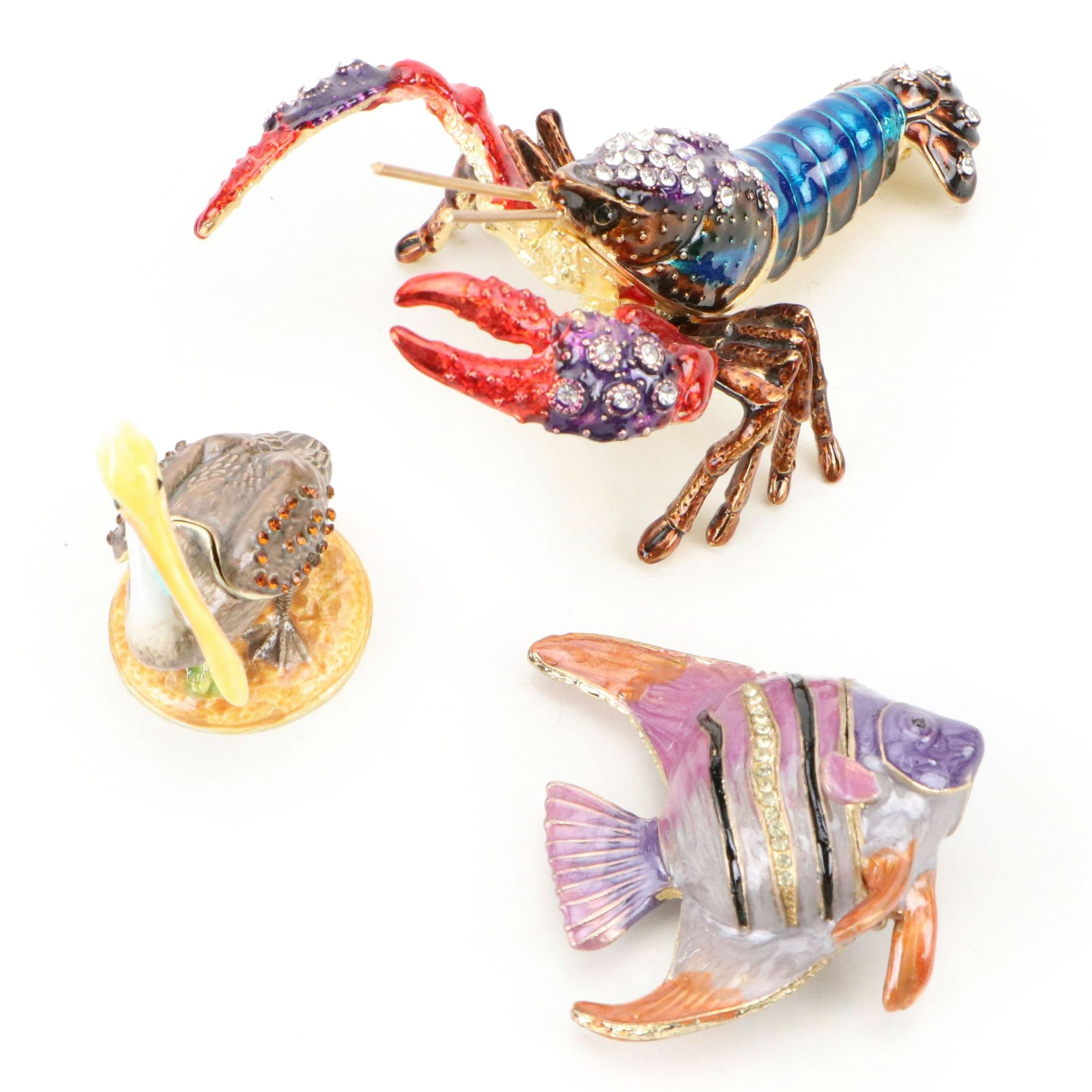 Enamel Metal Lobster, Fish, and Pelican Decorative Boxes