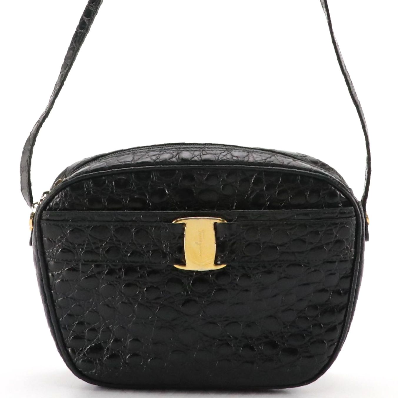 Salvatore Ferragamo Black Croc-Embossed Leather Vara Crossbody Bag