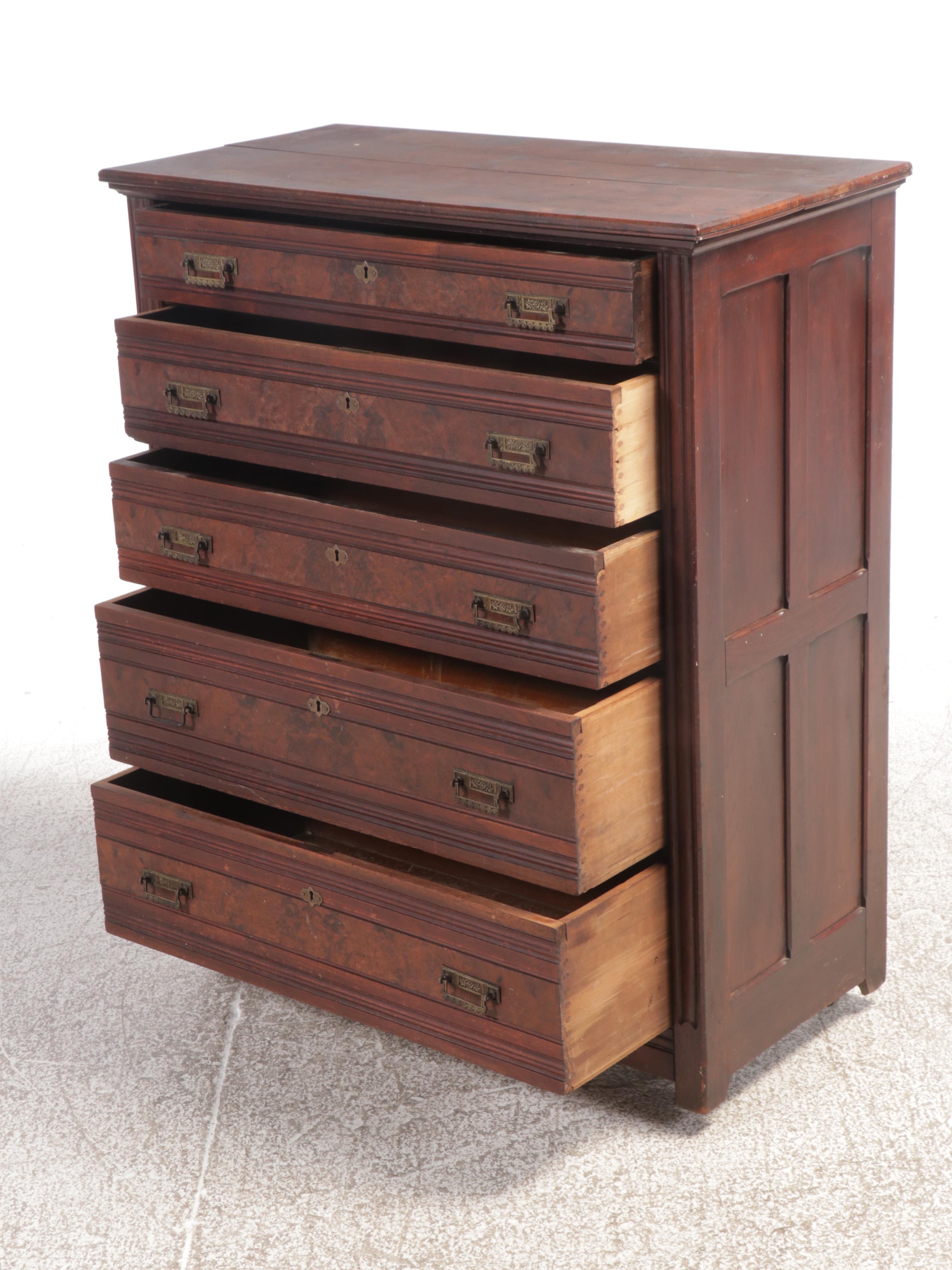 Victorian Burl Wood Five-Drawer Chest, 19th Century