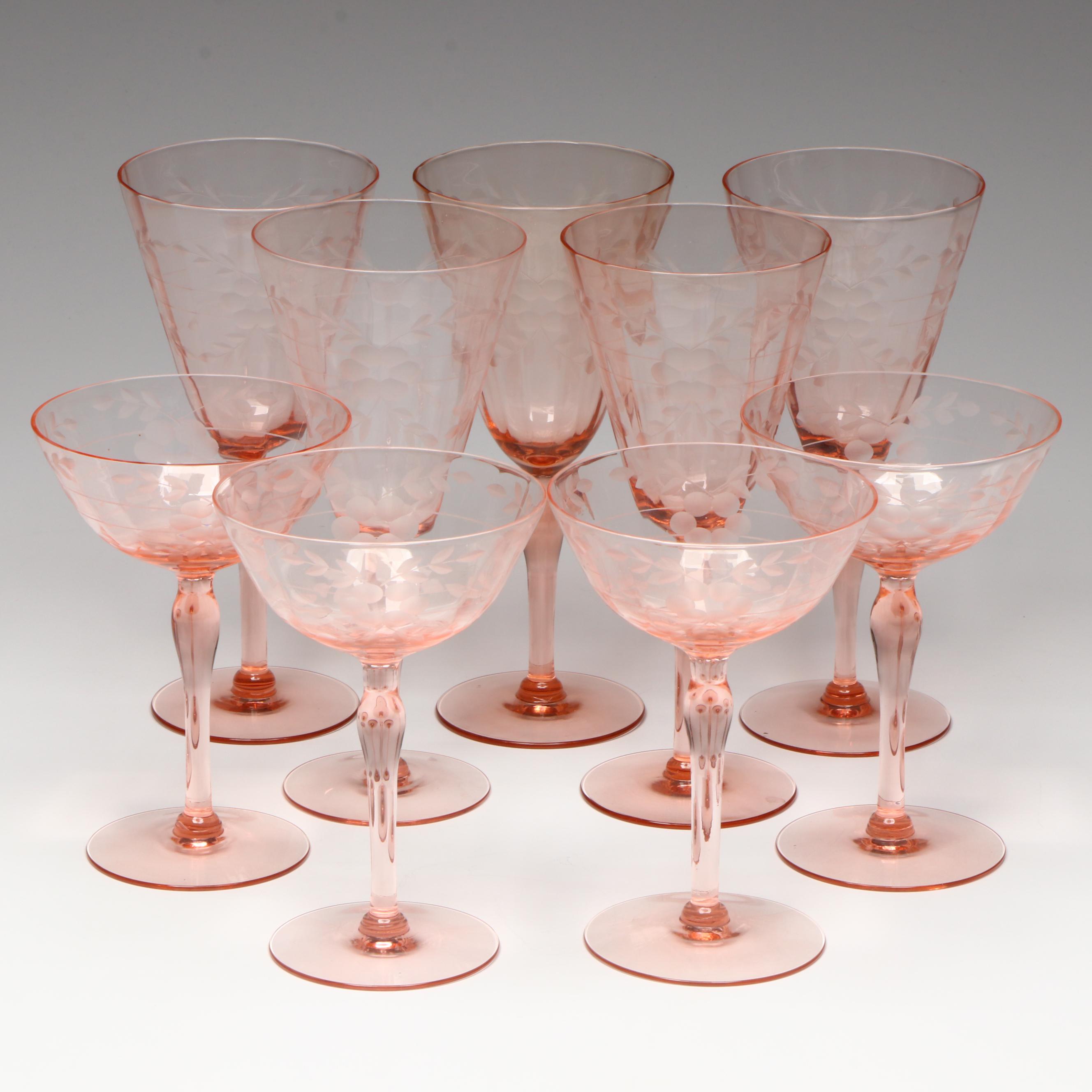 Etched Pink Glass Water Glasses and Champagne Coupes