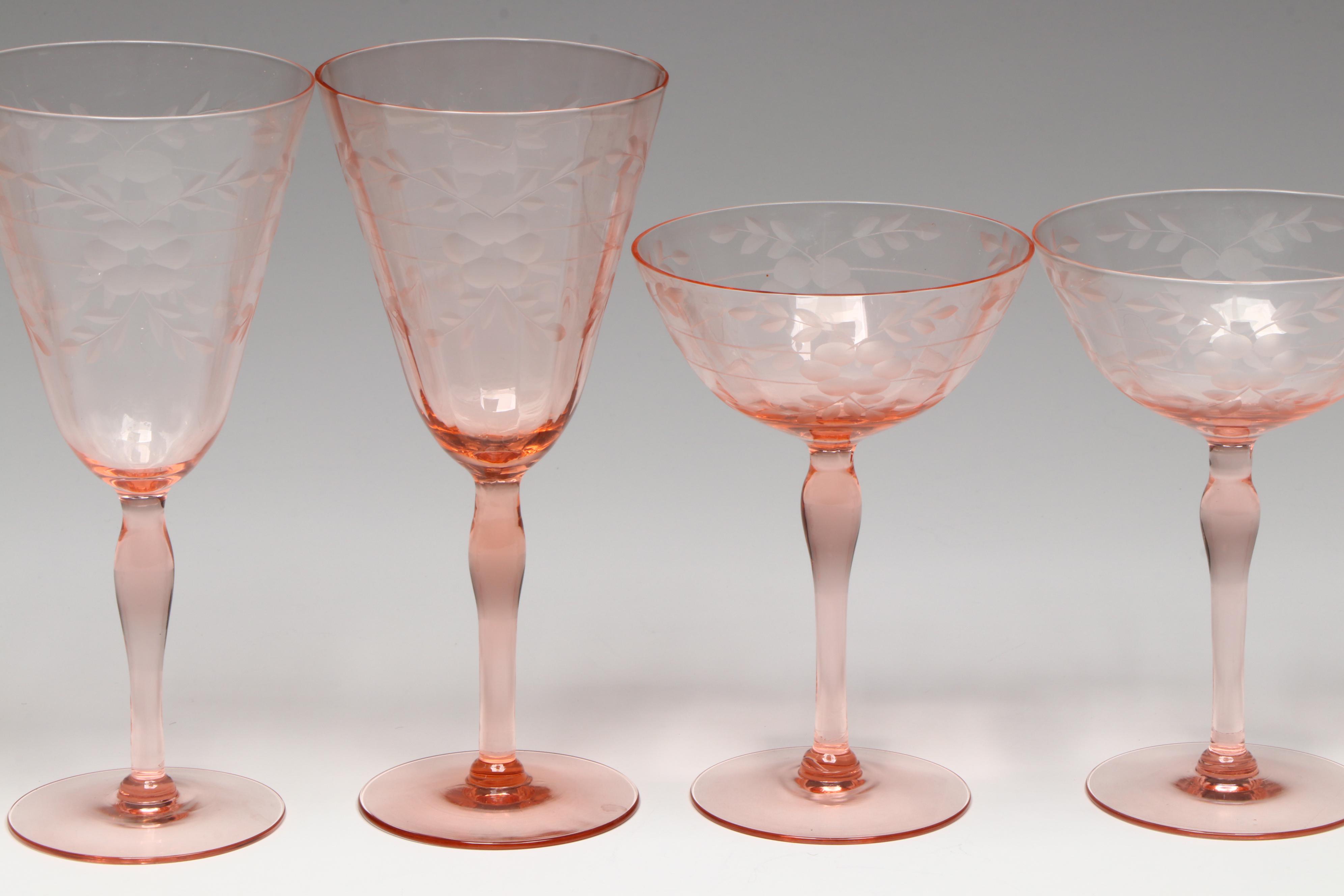Etched Pink Glass Water Glasses and Champagne Coupes