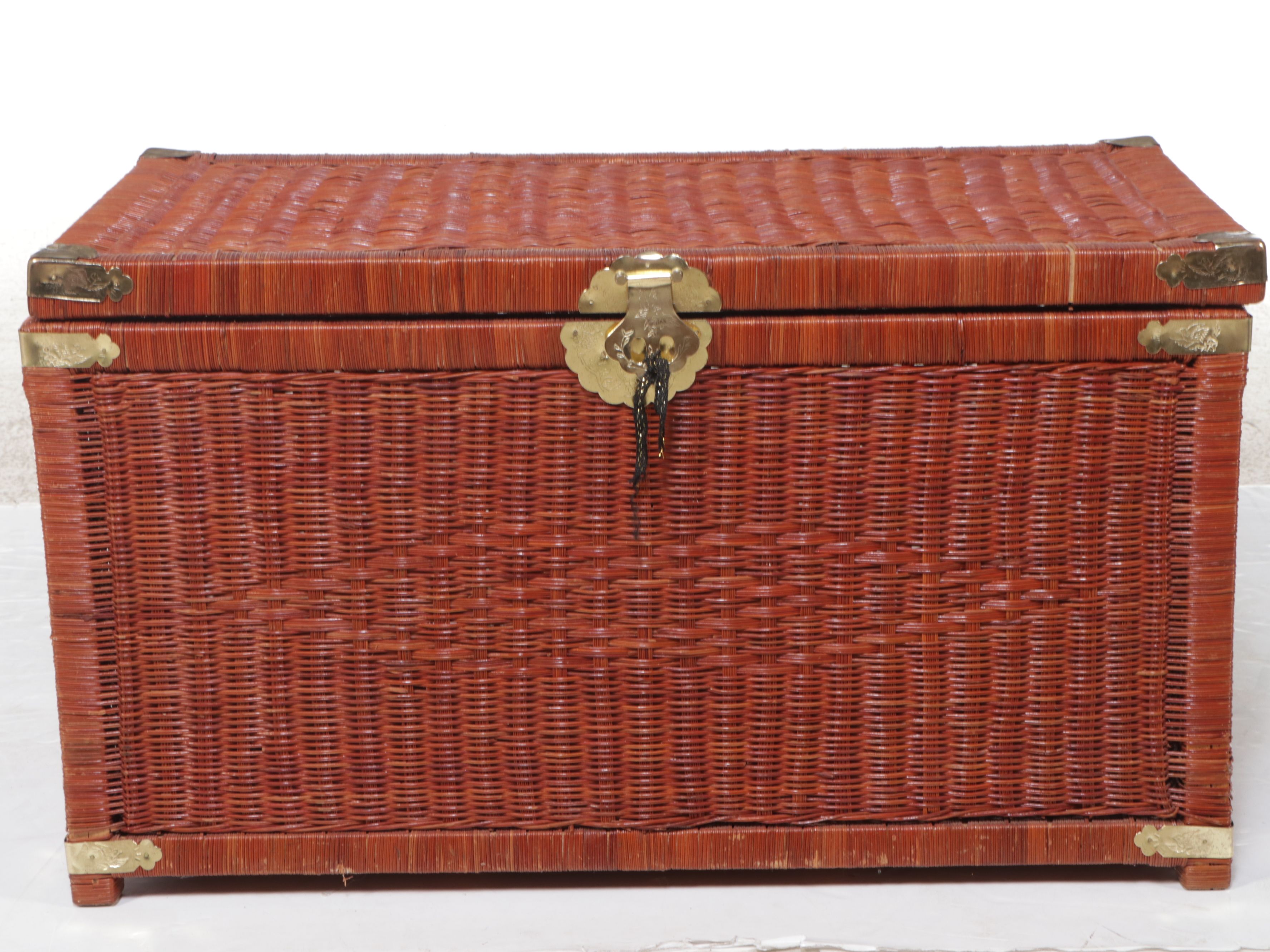 Chinese Style Brass Mount Wicker Rattan Chest, Late 20th Century