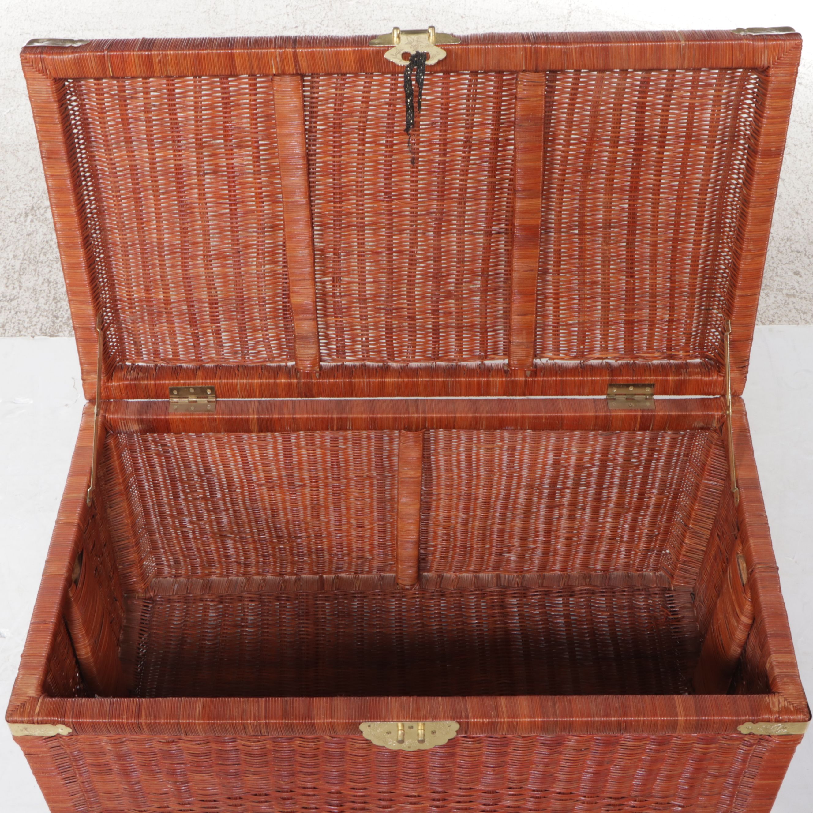 Chinese Style Brass Mount Wicker Rattan Chest, Late 20th Century