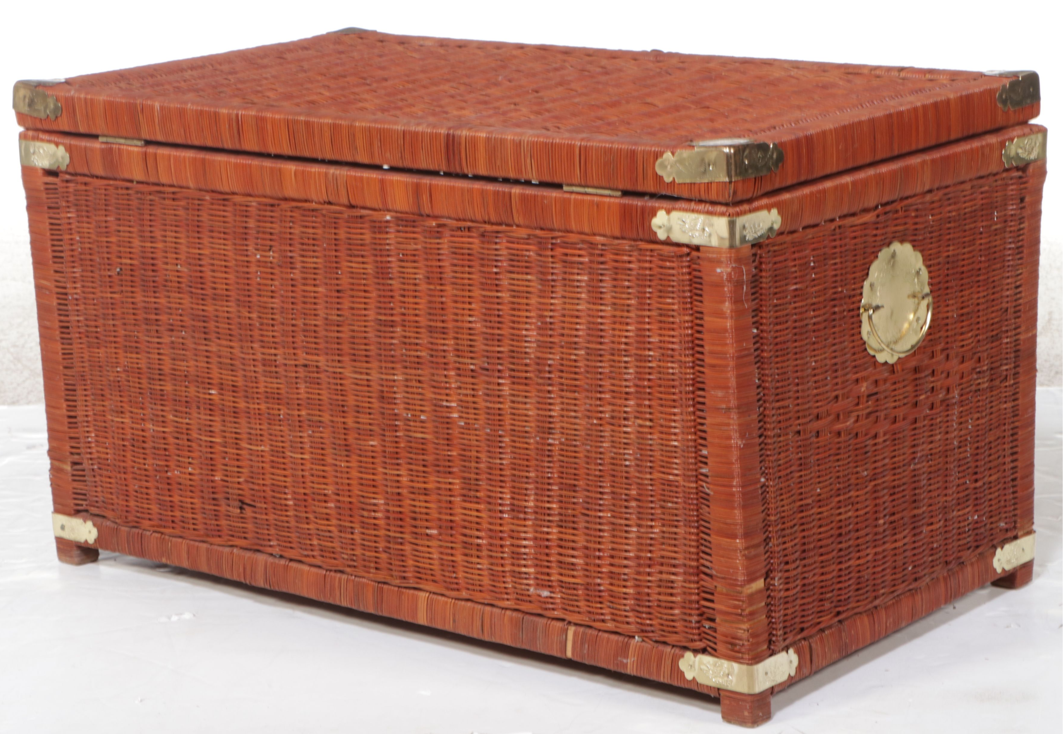 Chinese Style Brass Mount Wicker Rattan Chest, Late 20th Century