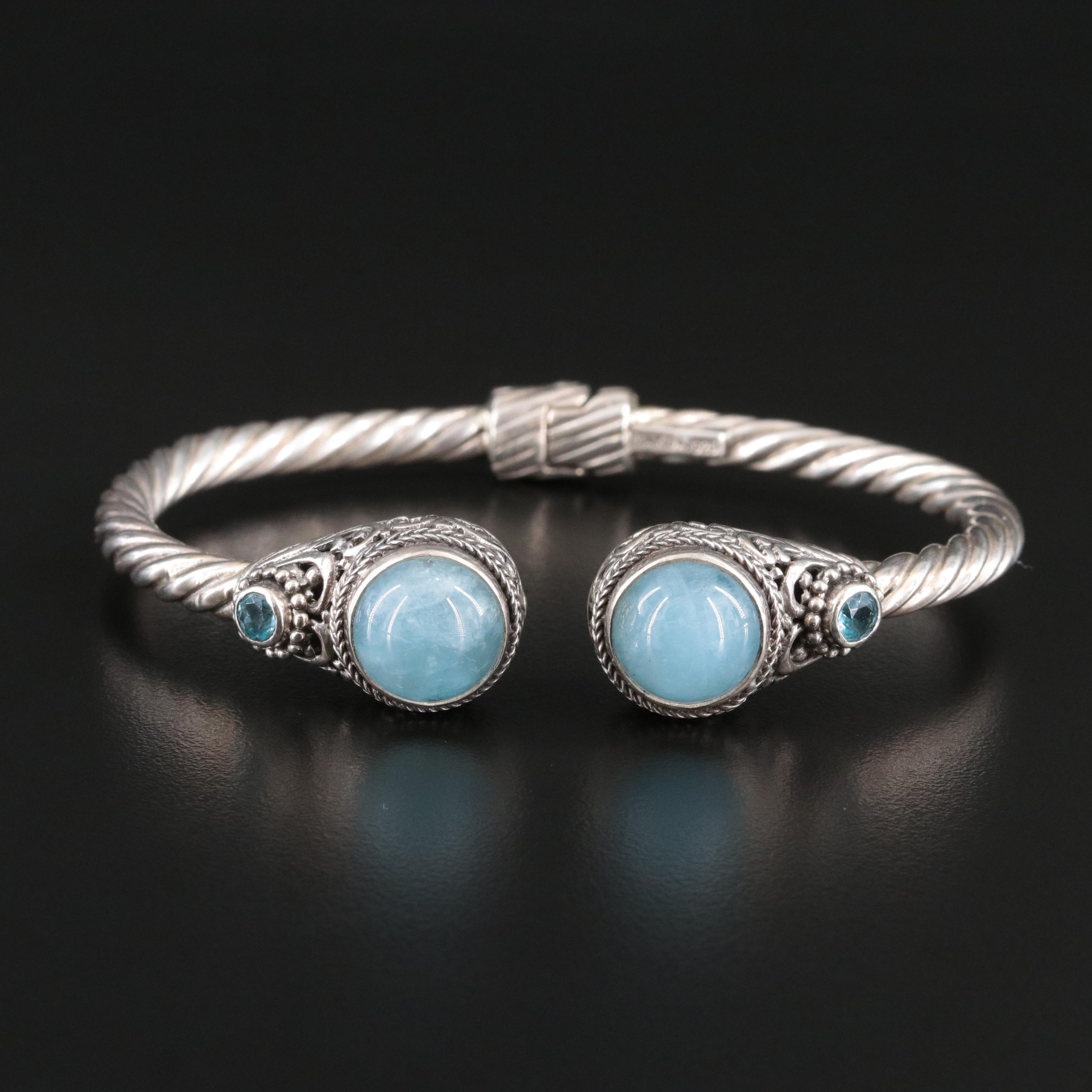 Sterling Aquamarine and Topaz Hinged Bangle Bracelet
