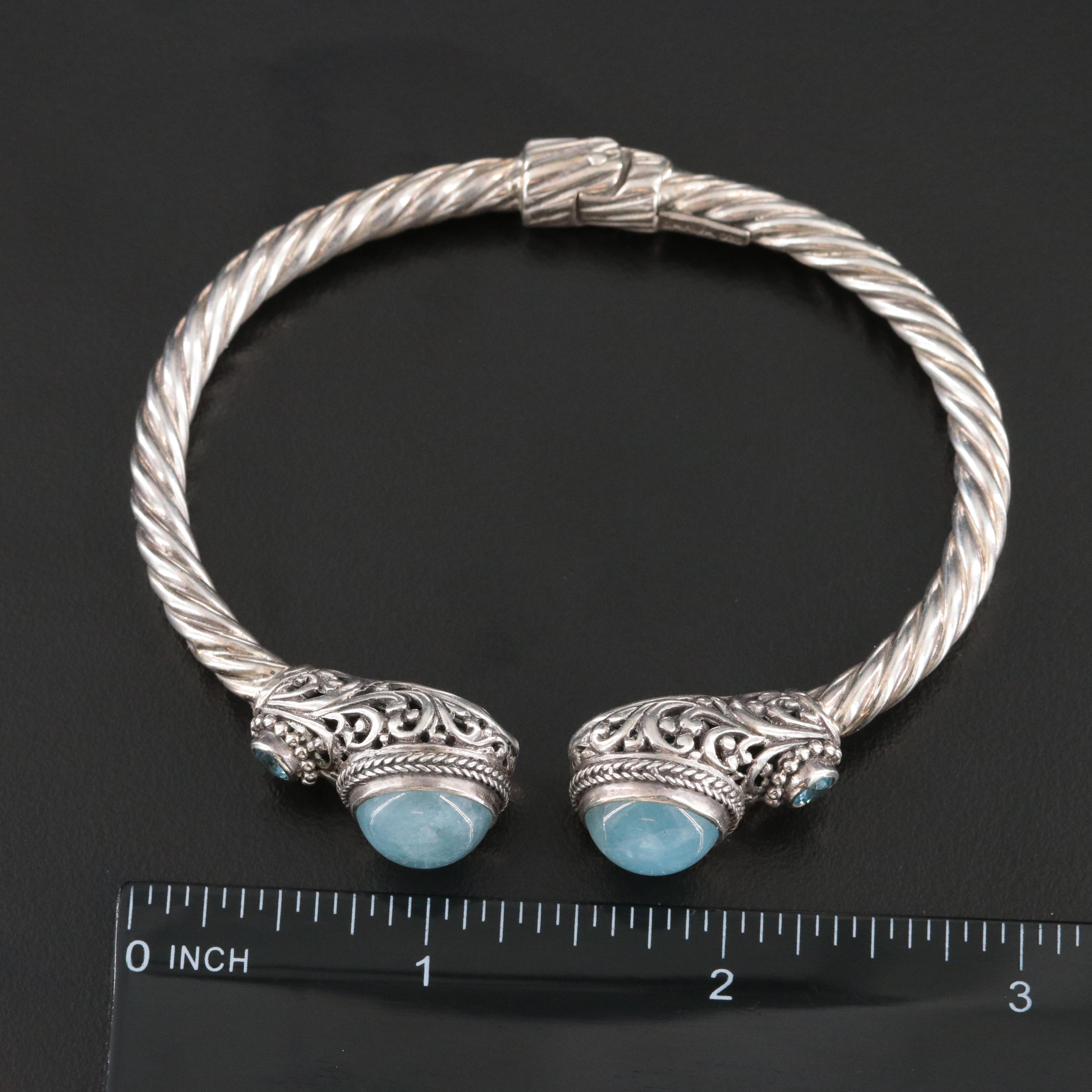 Sterling Aquamarine and Topaz Hinged Bangle Bracelet