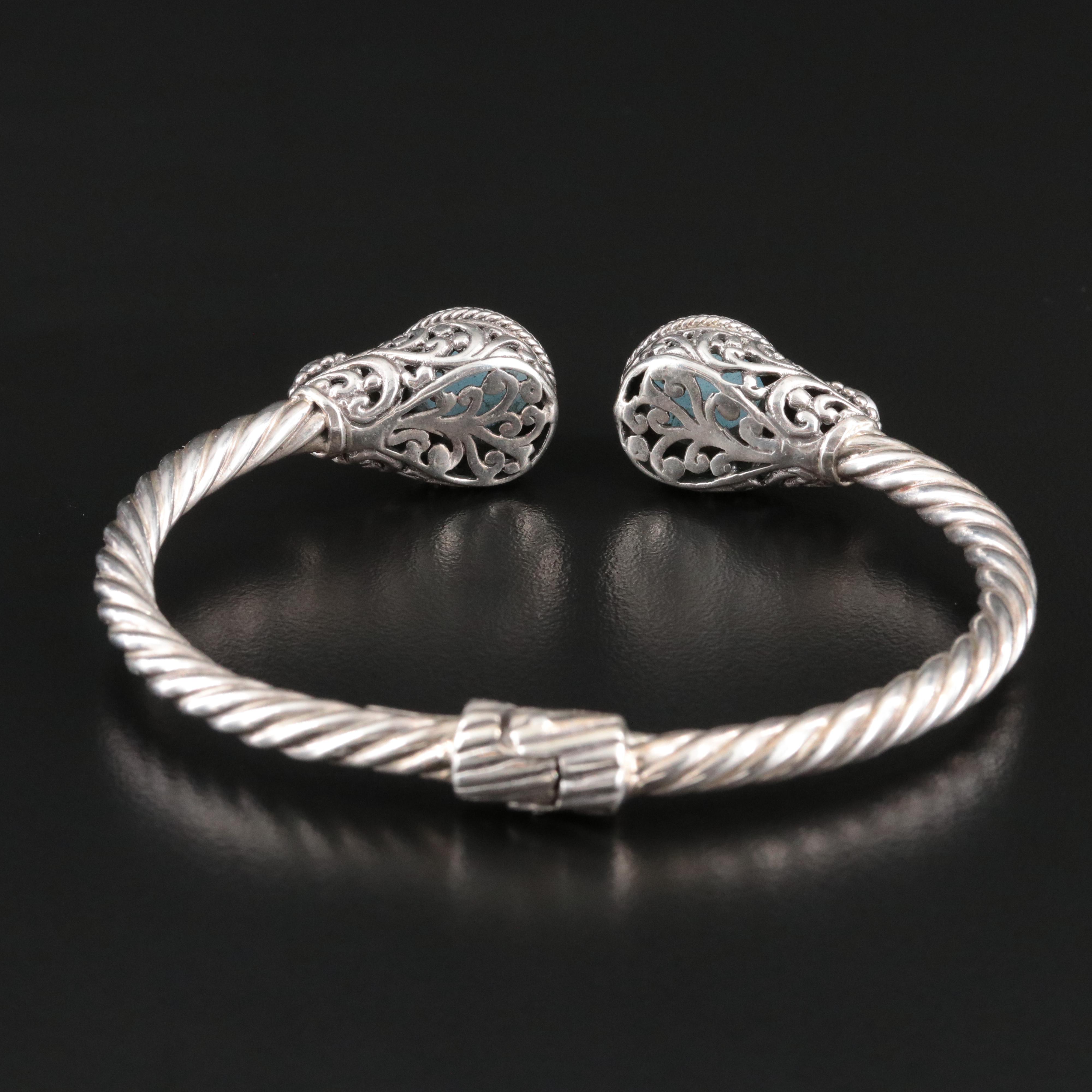 Sterling Aquamarine and Topaz Hinged Bangle Bracelet