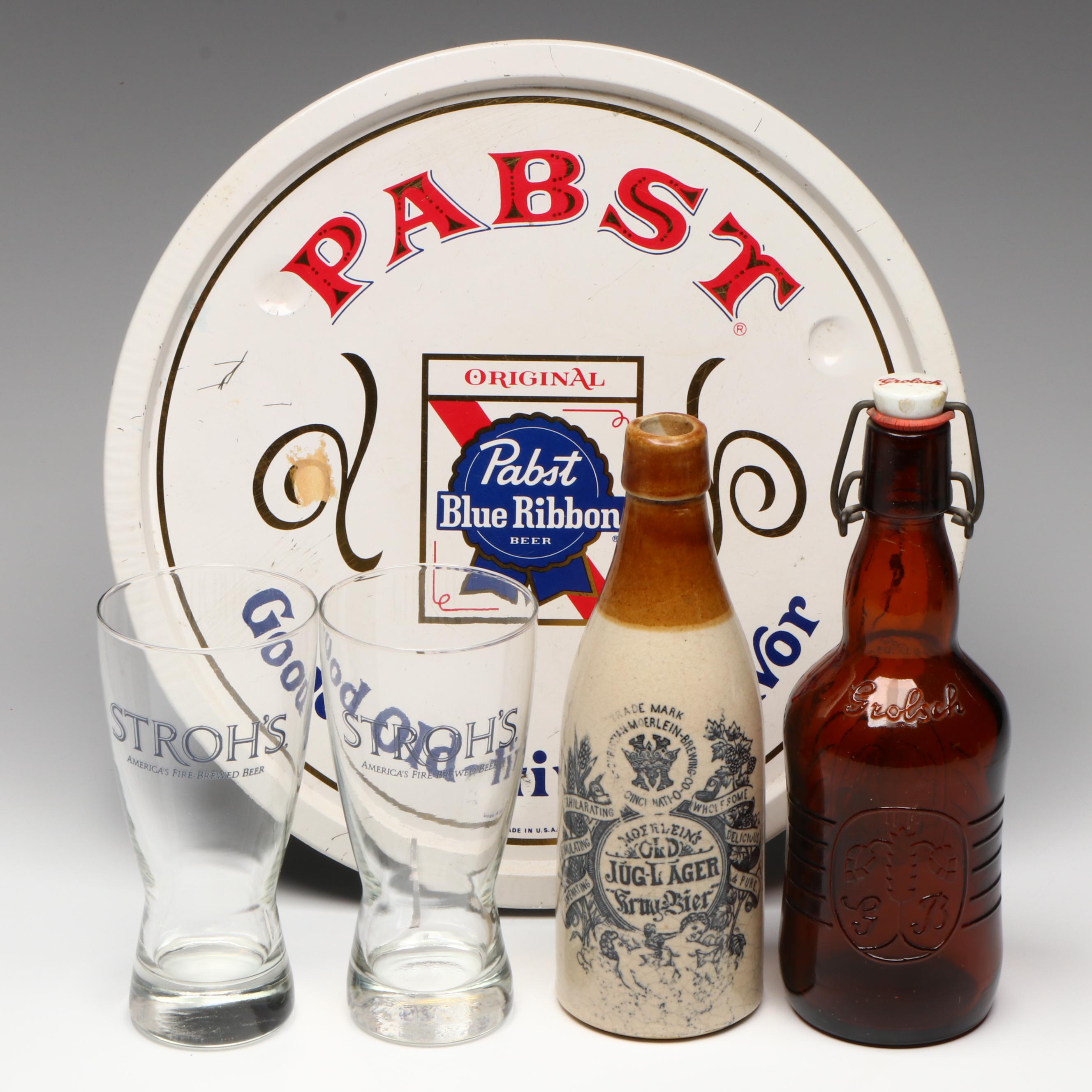 Moerlein Brewing Stoneware Beer Bottle with other Brewery Collectibles