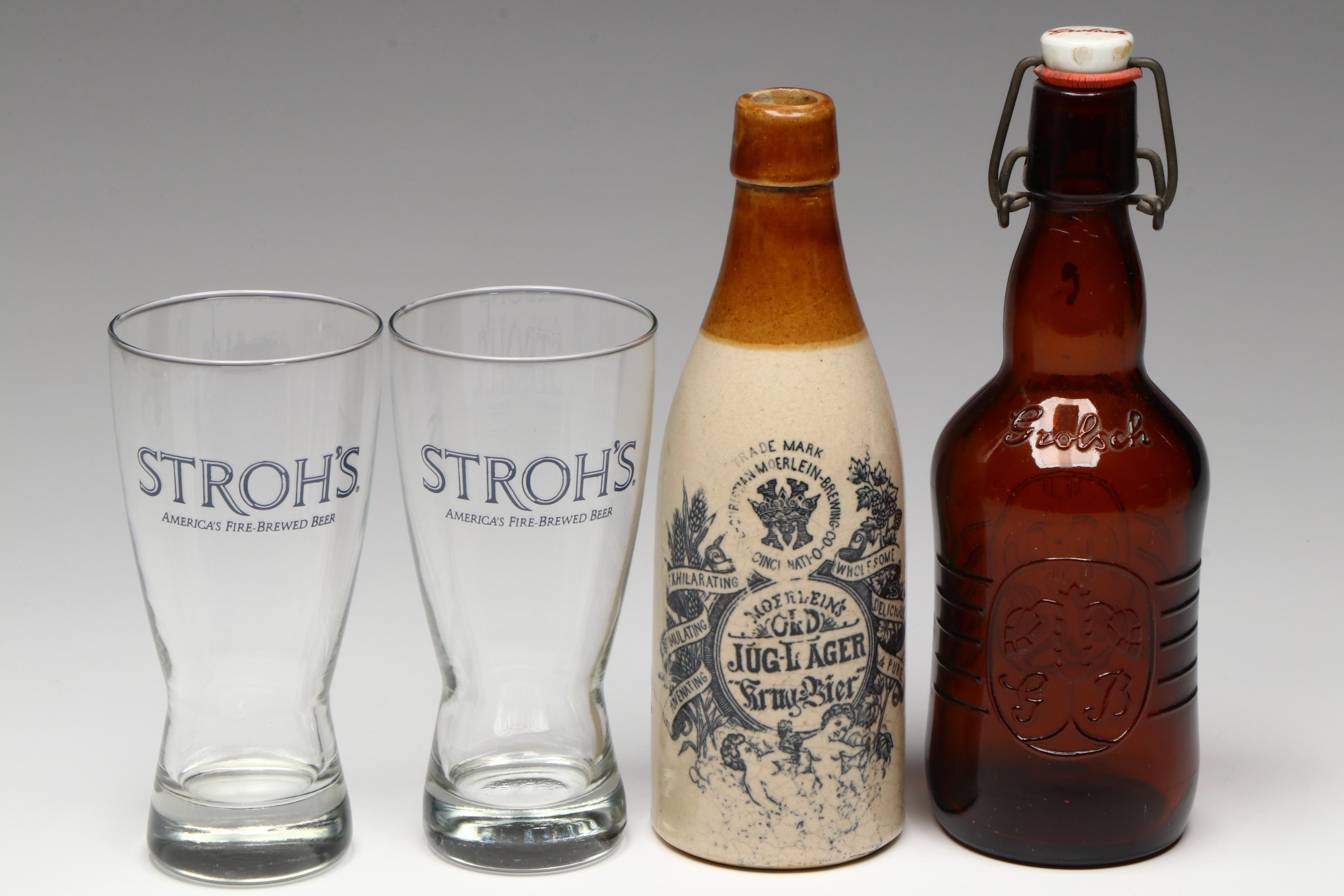 Moerlein Brewing Stoneware Beer Bottle with other Brewery Collectibles
