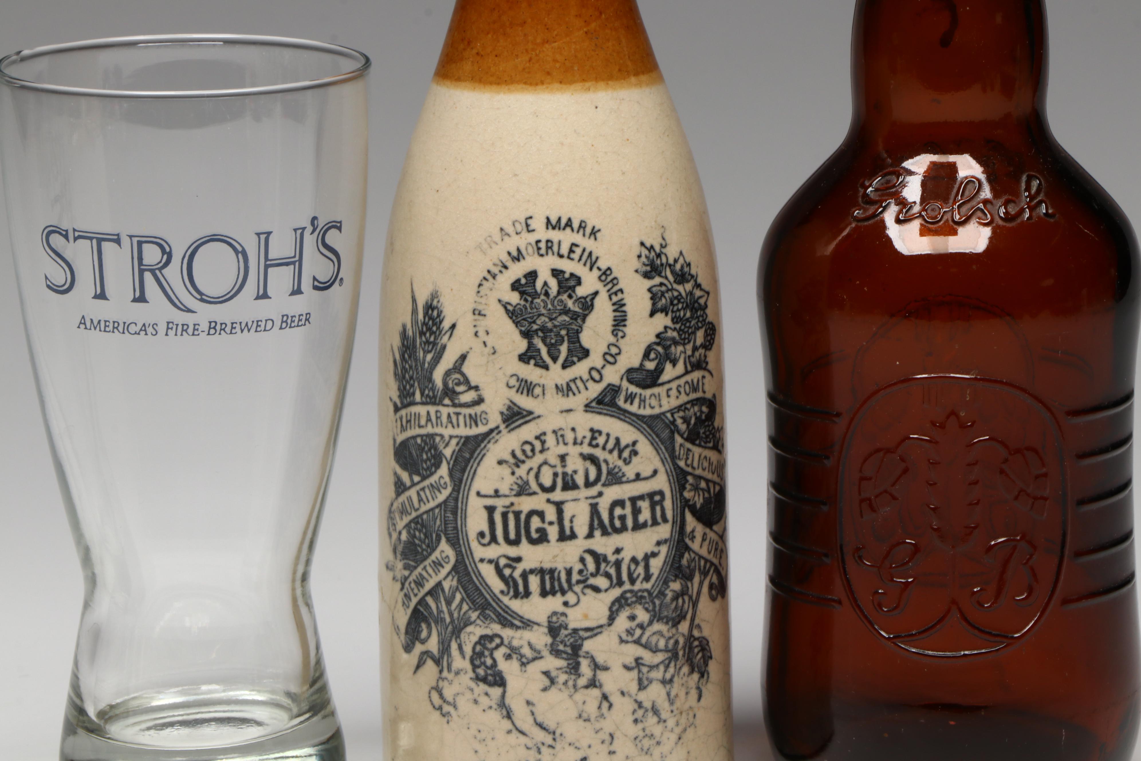 Moerlein Brewing Stoneware Beer Bottle with other Brewery Collectibles