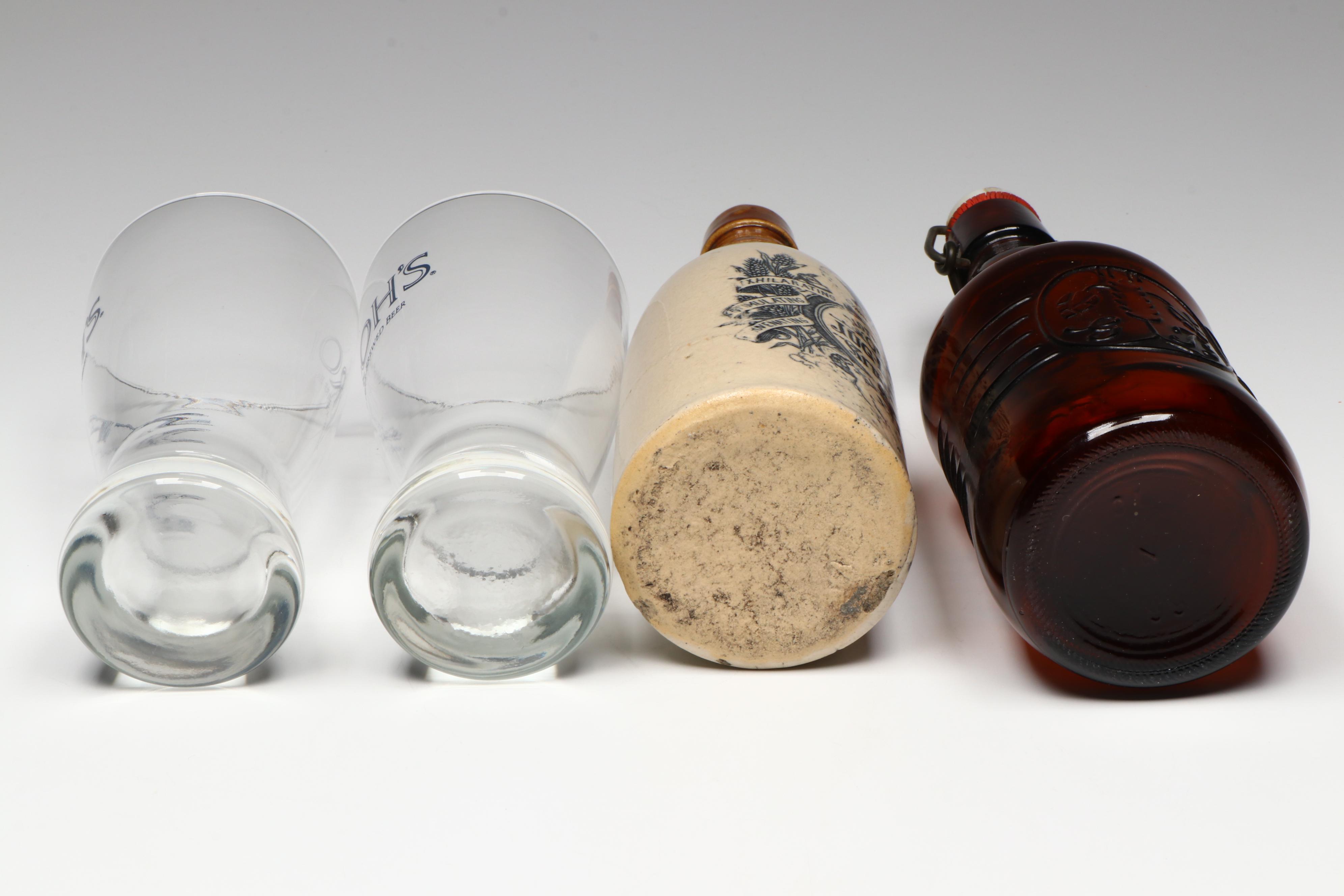 Moerlein Brewing Stoneware Beer Bottle with other Brewery Collectibles