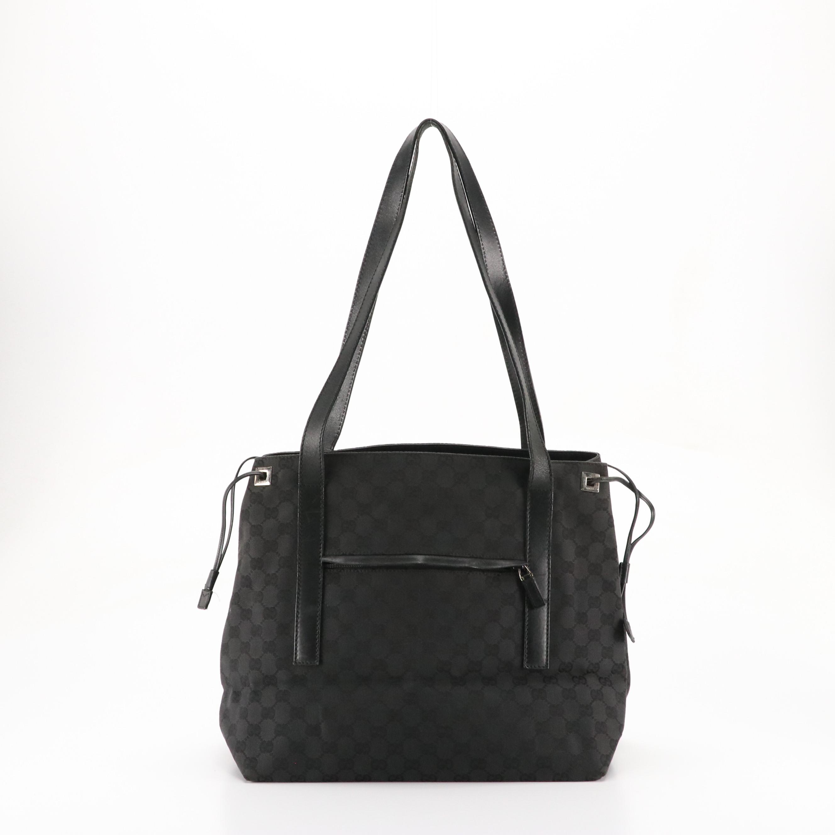 Gucci Front Pocket Side Drawstring Tote in Black GG Canvas and Leather Trim