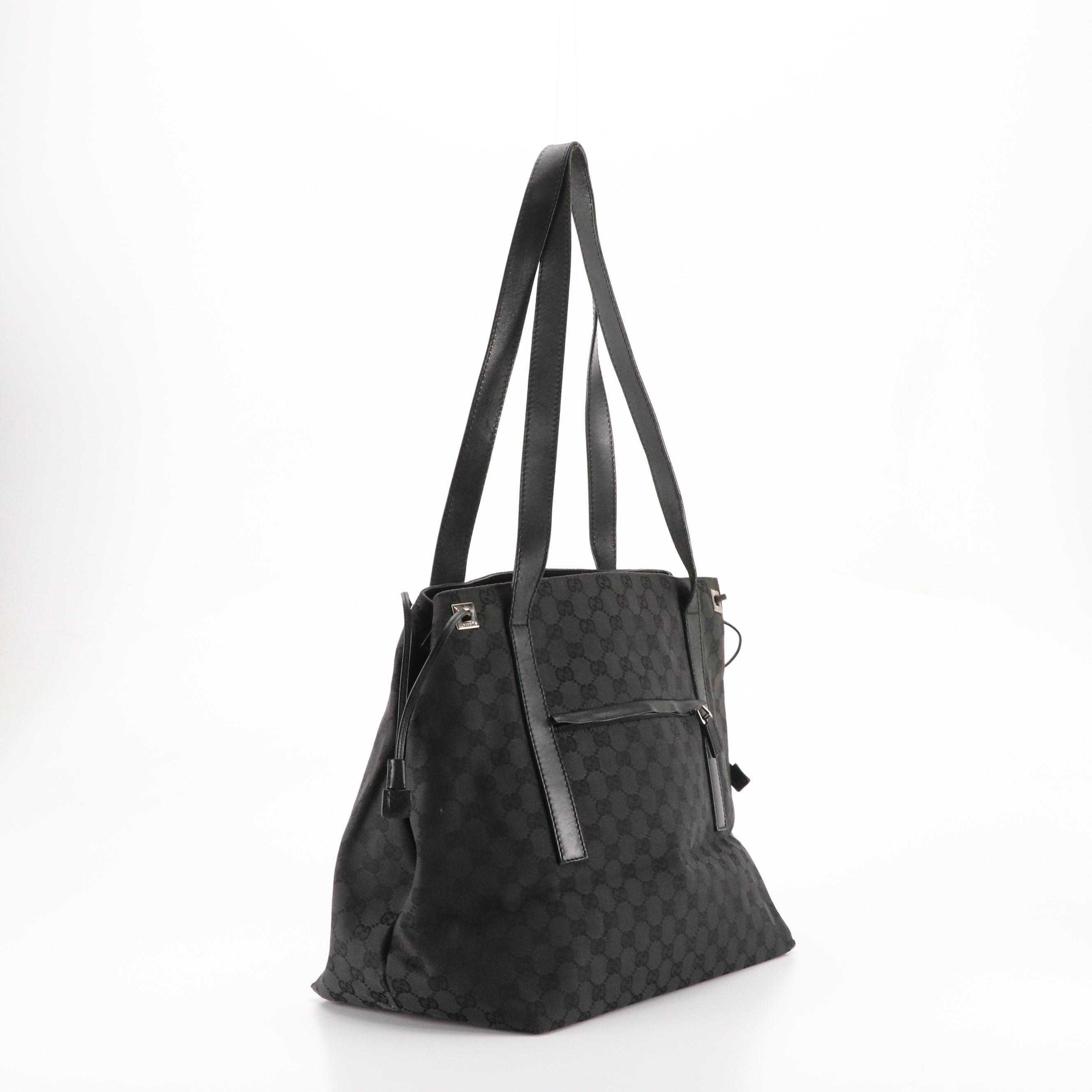 Gucci Front Pocket Side Drawstring Tote in Black GG Canvas and Leather Trim
