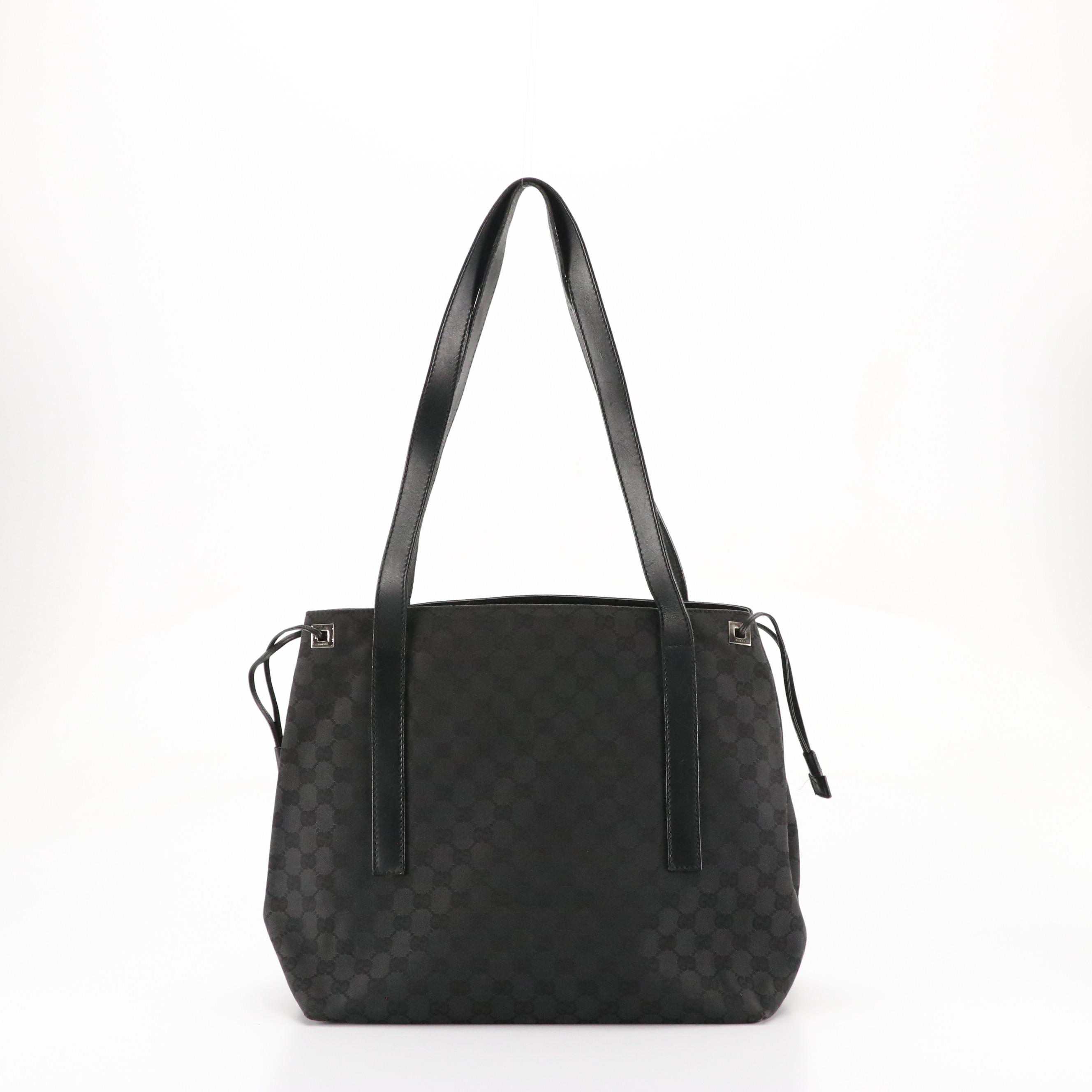 Gucci Front Pocket Side Drawstring Tote in Black GG Canvas and Leather Trim