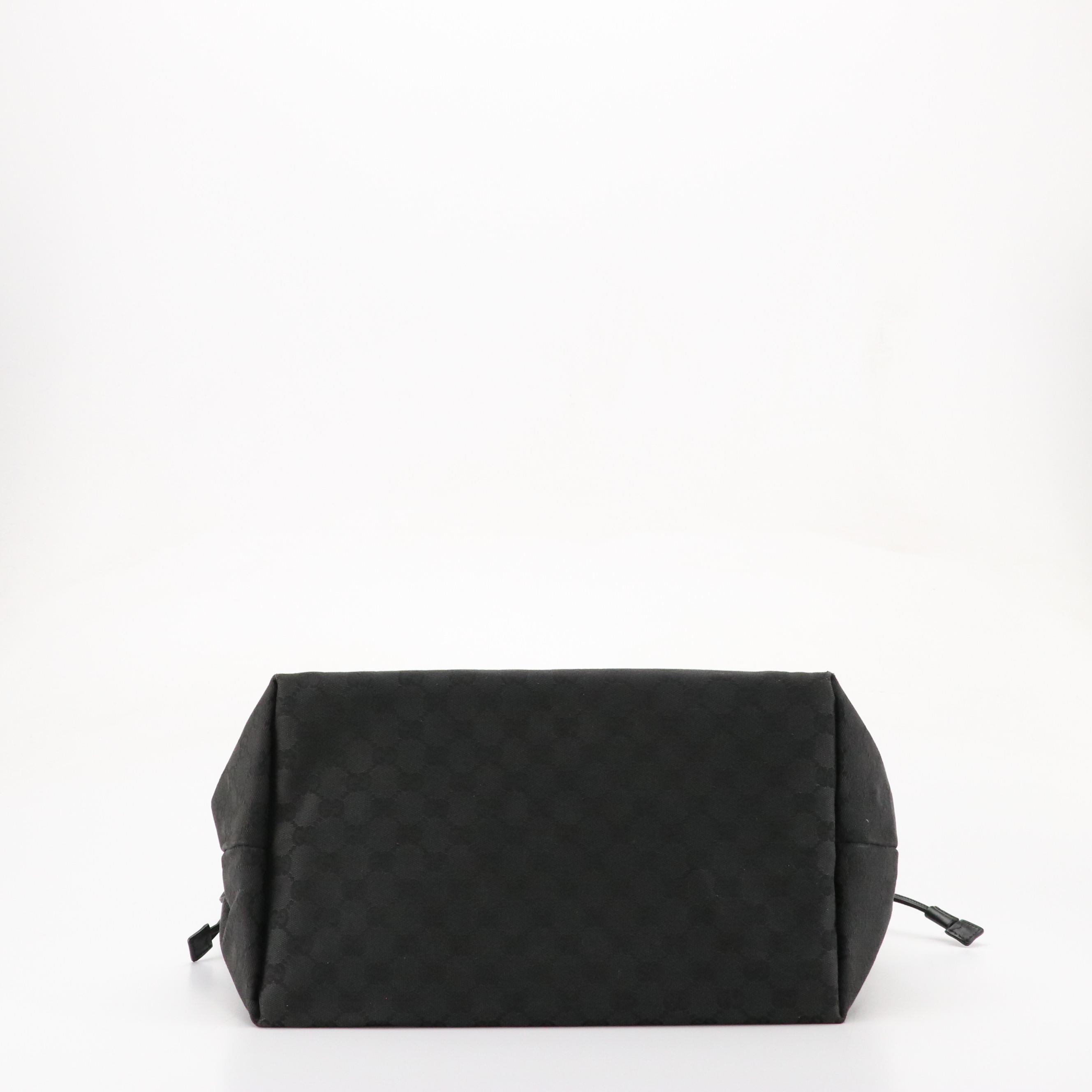 Gucci Front Pocket Side Drawstring Tote in Black GG Canvas and Leather Trim