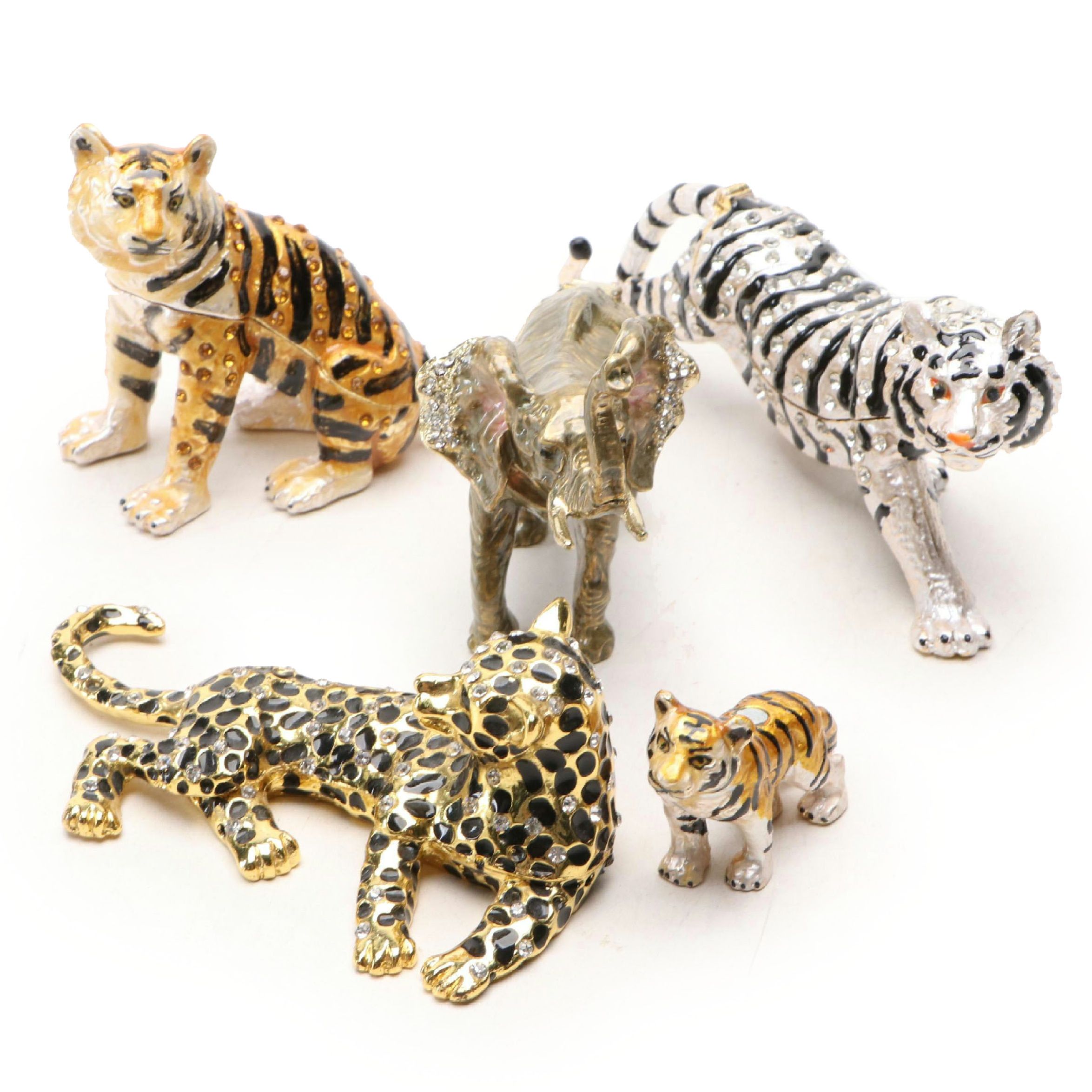 Enamel Tiger, Elephant, and Leopard Decorative Boxes